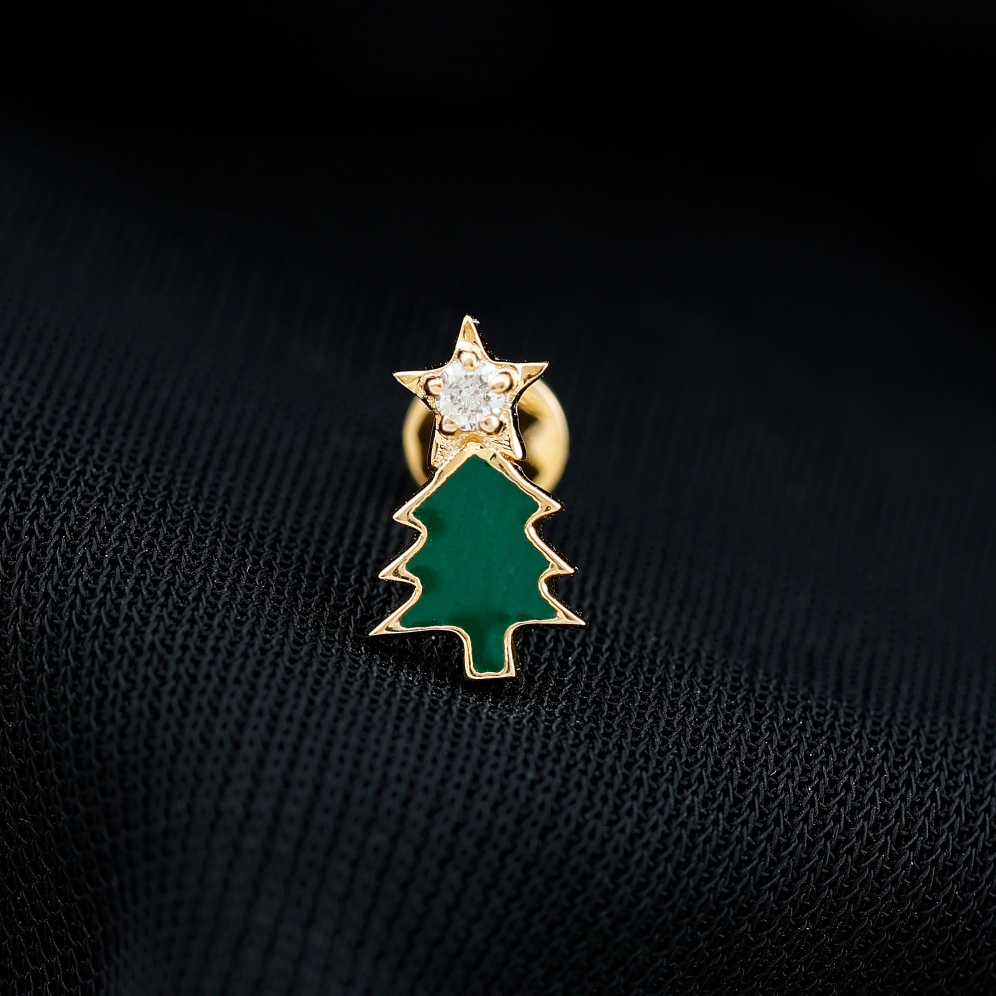Real Diamond Green Enamel Christmas Tree Cartilage Earring Natural - ( HI-SI ) - Rosec Jewels