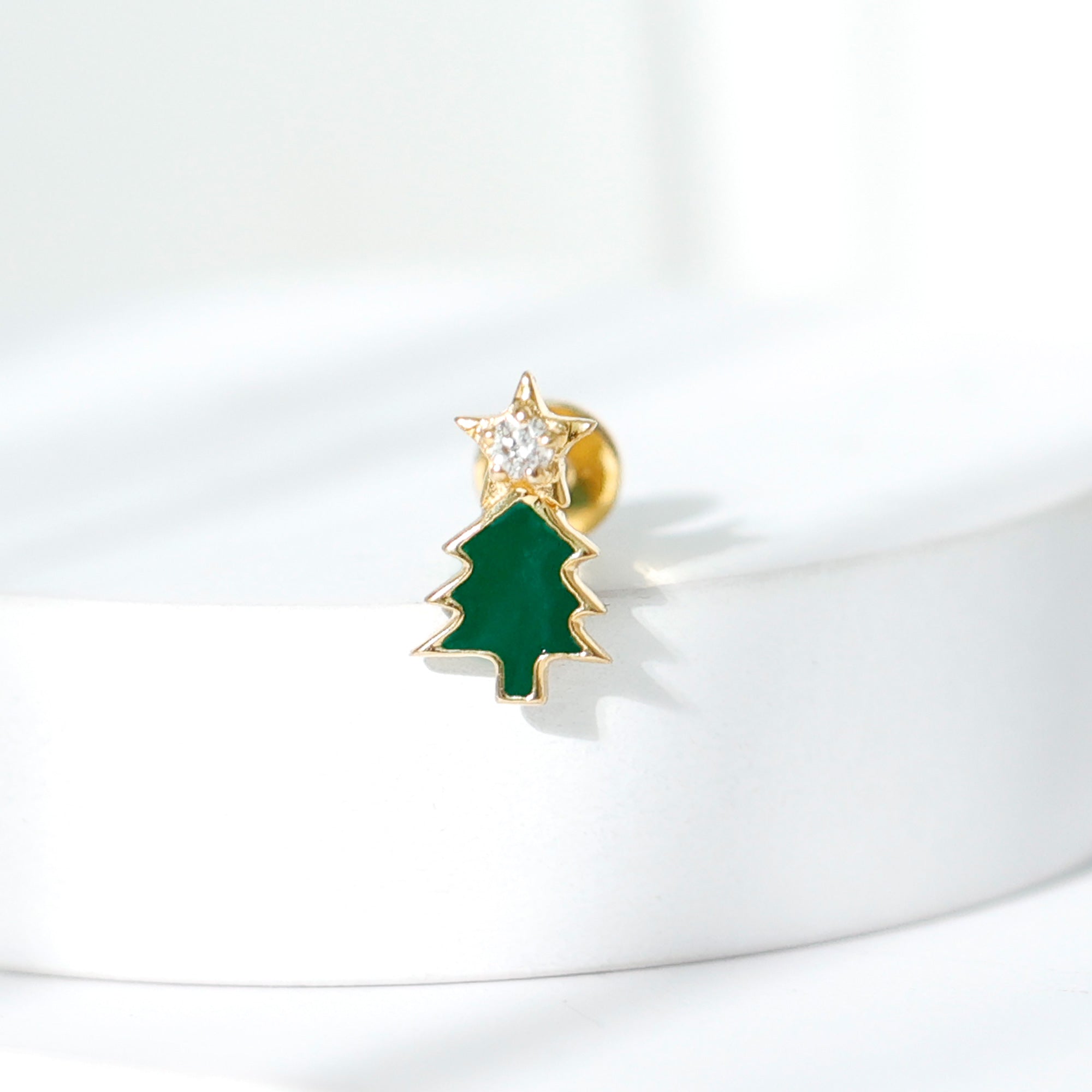 Real Diamond Green Enamel Christmas Tree Cartilage Earring Natural - ( HI-SI ) - Rosec Jewels