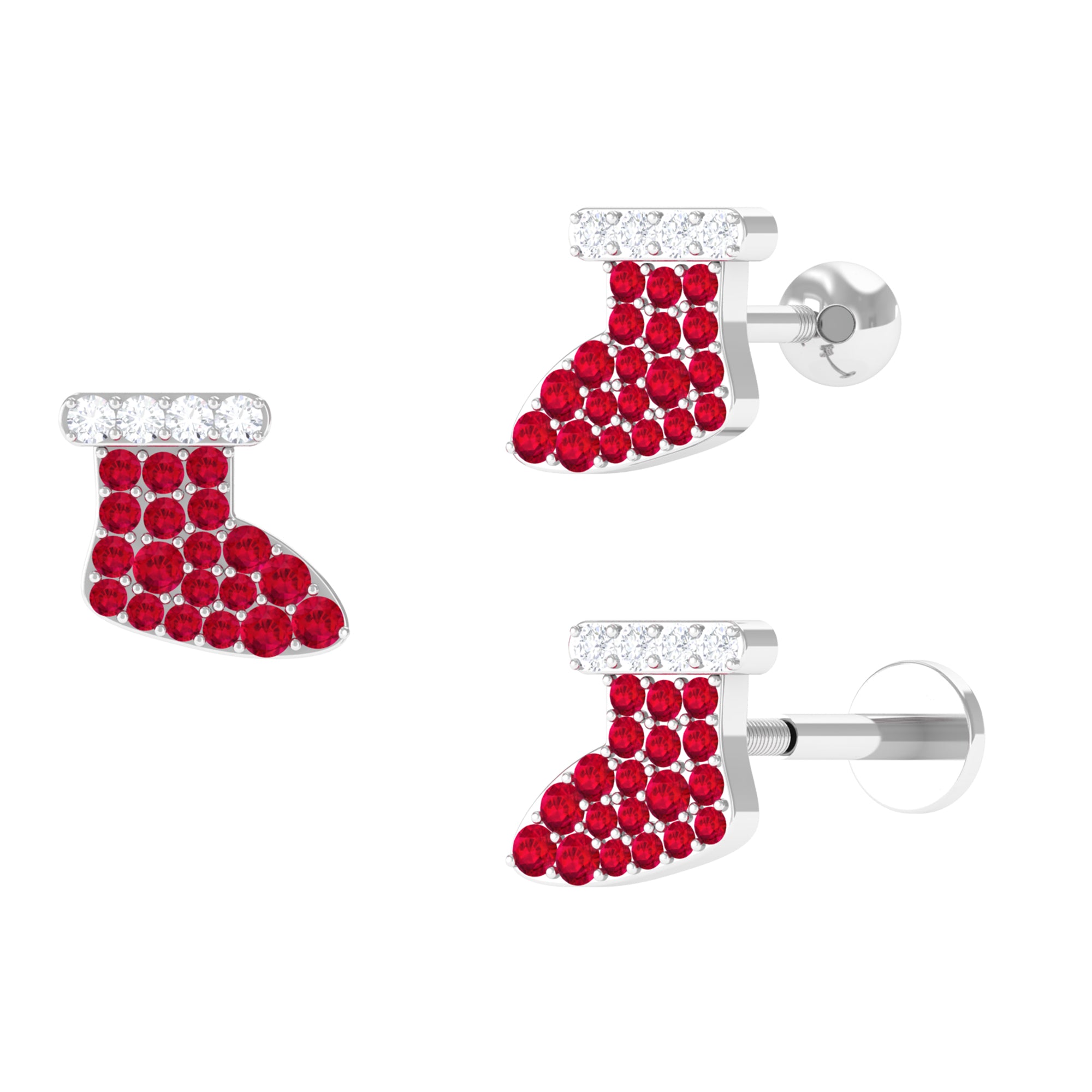 Created Ruby Christmas Stocking Earring with Moissanite Lab Created Ruby - ( AAAA ) - Quality - Rosec Jewels