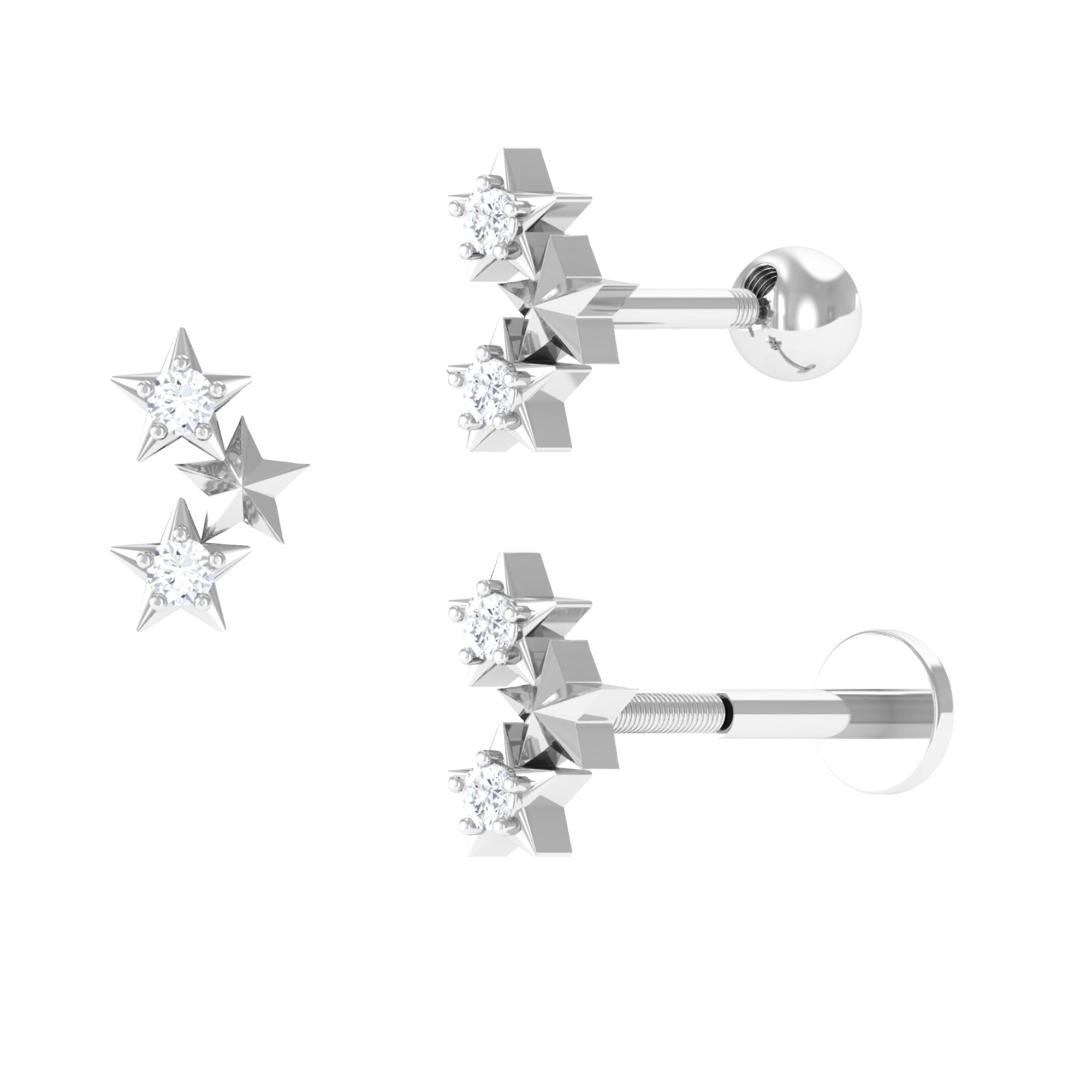 Genuine Round Diamond Three Star Cartilage Earring Diamond - ( HI-SI ) - Color and Clarity - Rosec Jewels