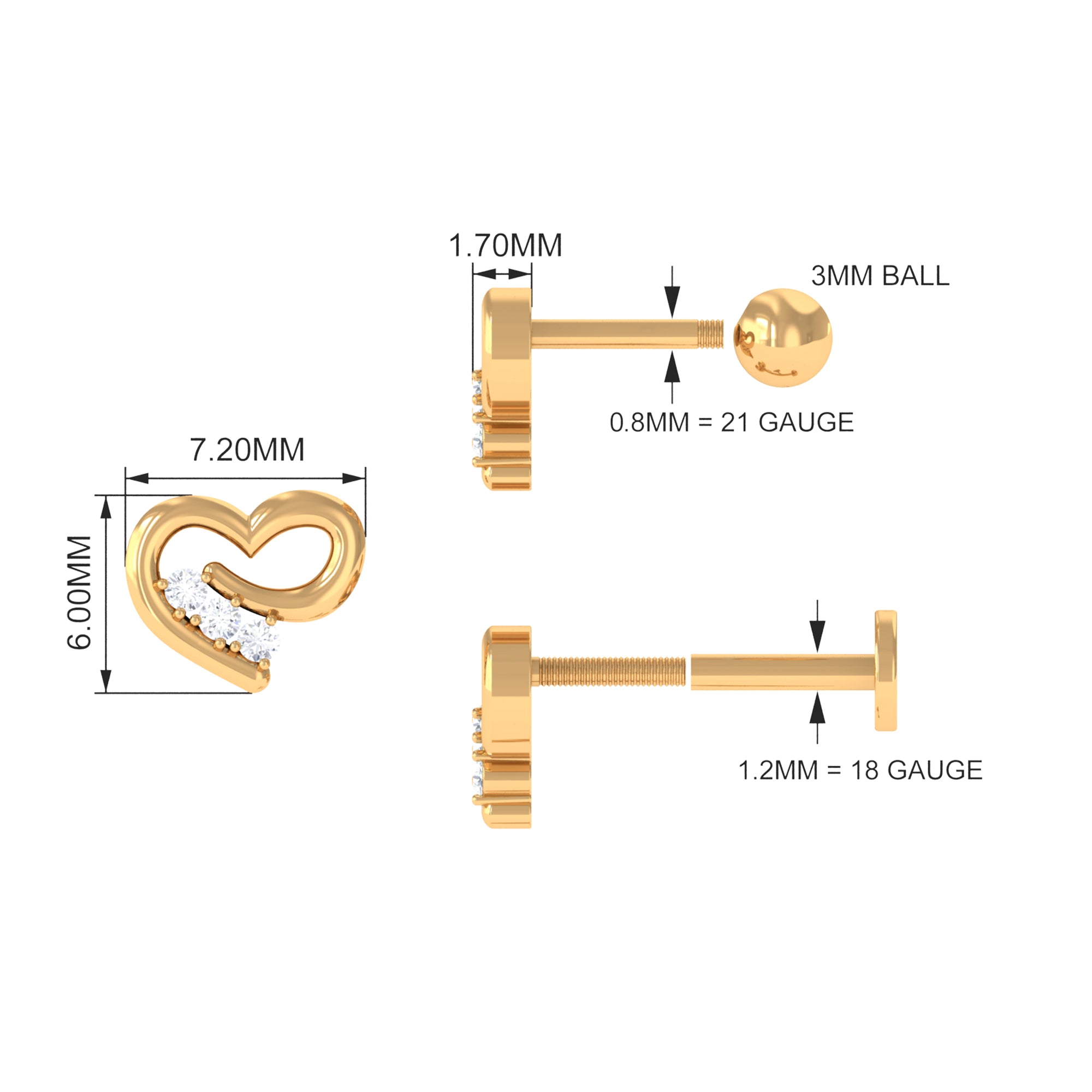 Real Diamond Cute Heart Earring for Helix Piercing Natural - ( HI-SI ) - Rosec Jewels