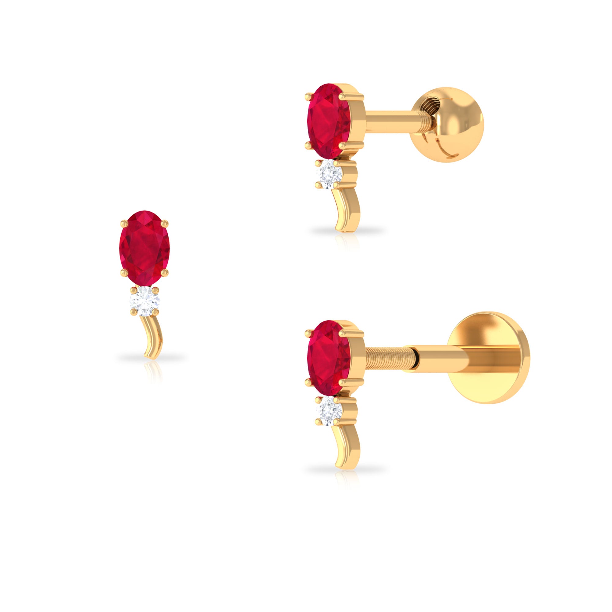 Unique Oval Ruby Forward Helix Earring with Diamond Ruby - ( AAA ) - Quality - Rosec Jewels