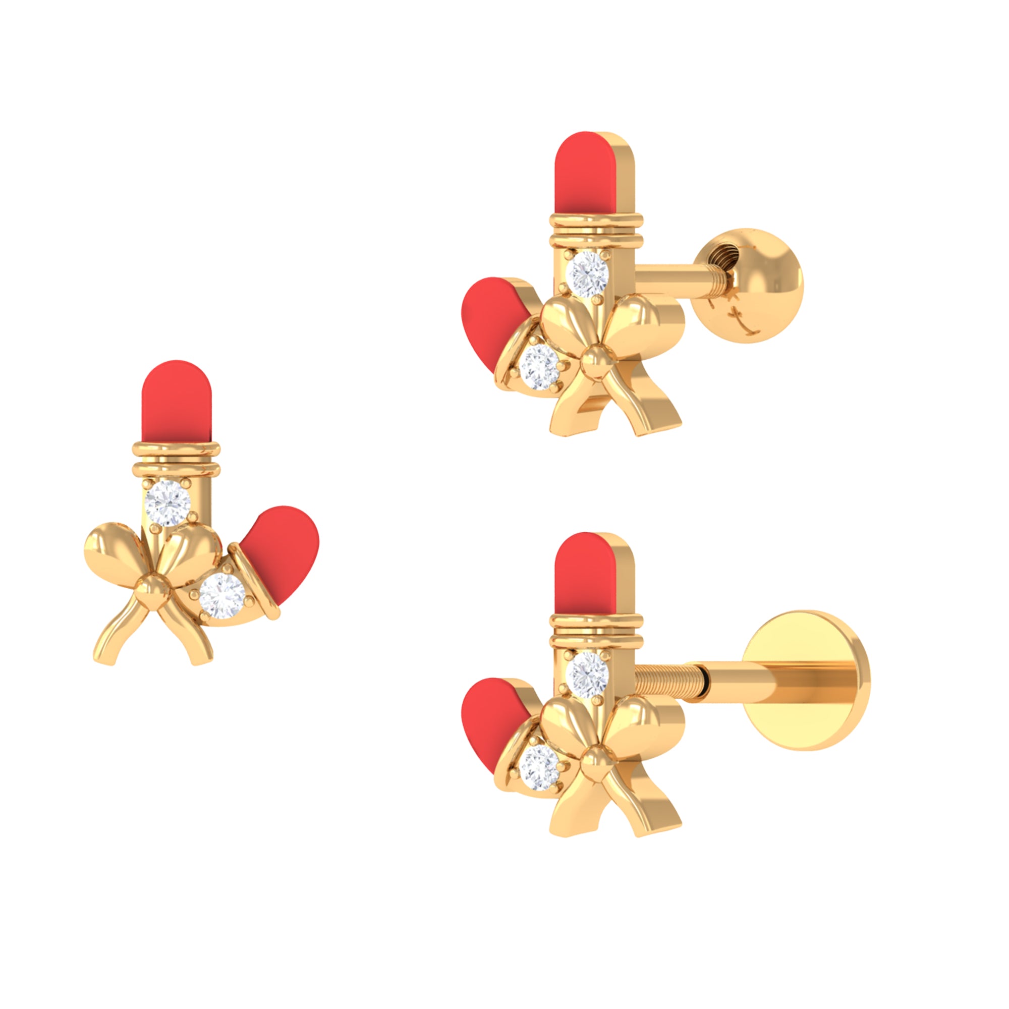Christmas Red Enamel Diamond Candy Cane Earring with Bow Diamond - ( HI-SI ) - Color and Clarity - Rosec Jewels