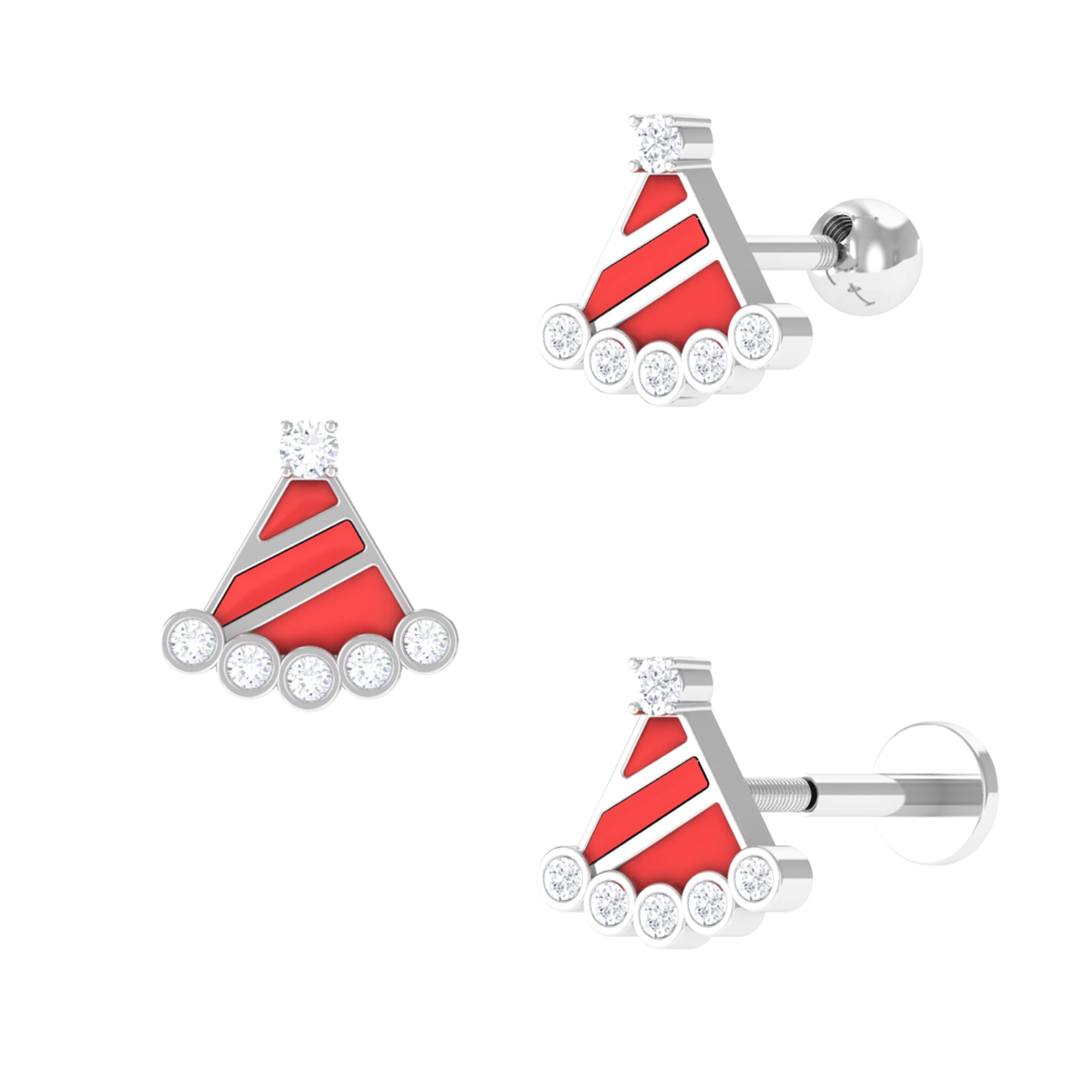 Christmas Diamond Santa Hat Earring with Red Enamel Diamond - ( HI-SI ) - Color and Clarity - Rosec Jewels