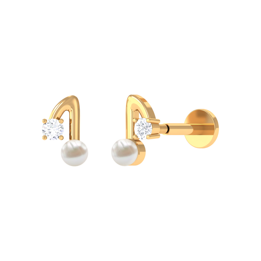 Natural Freshwater Pearl Music Note Helix Earring with Diamond Freshwater Pearl - ( AAA ) - Quality - Rosec Jewels