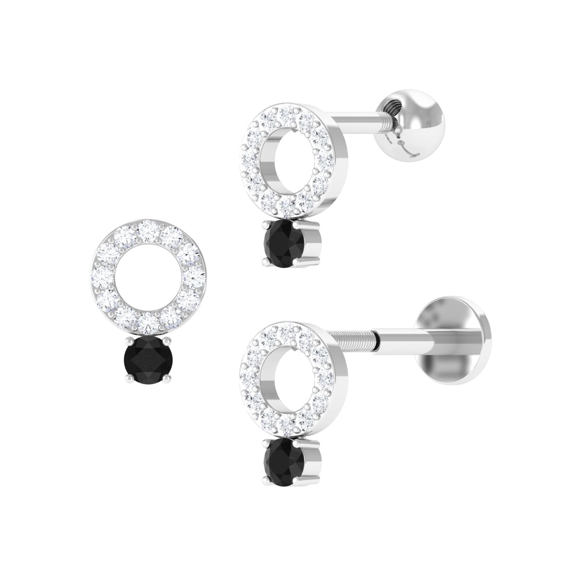 Minimal Black and White Diamond Open Circle Cartilage Earring Black Diamond - ( AAA ) - Quality - Rosec Jewels