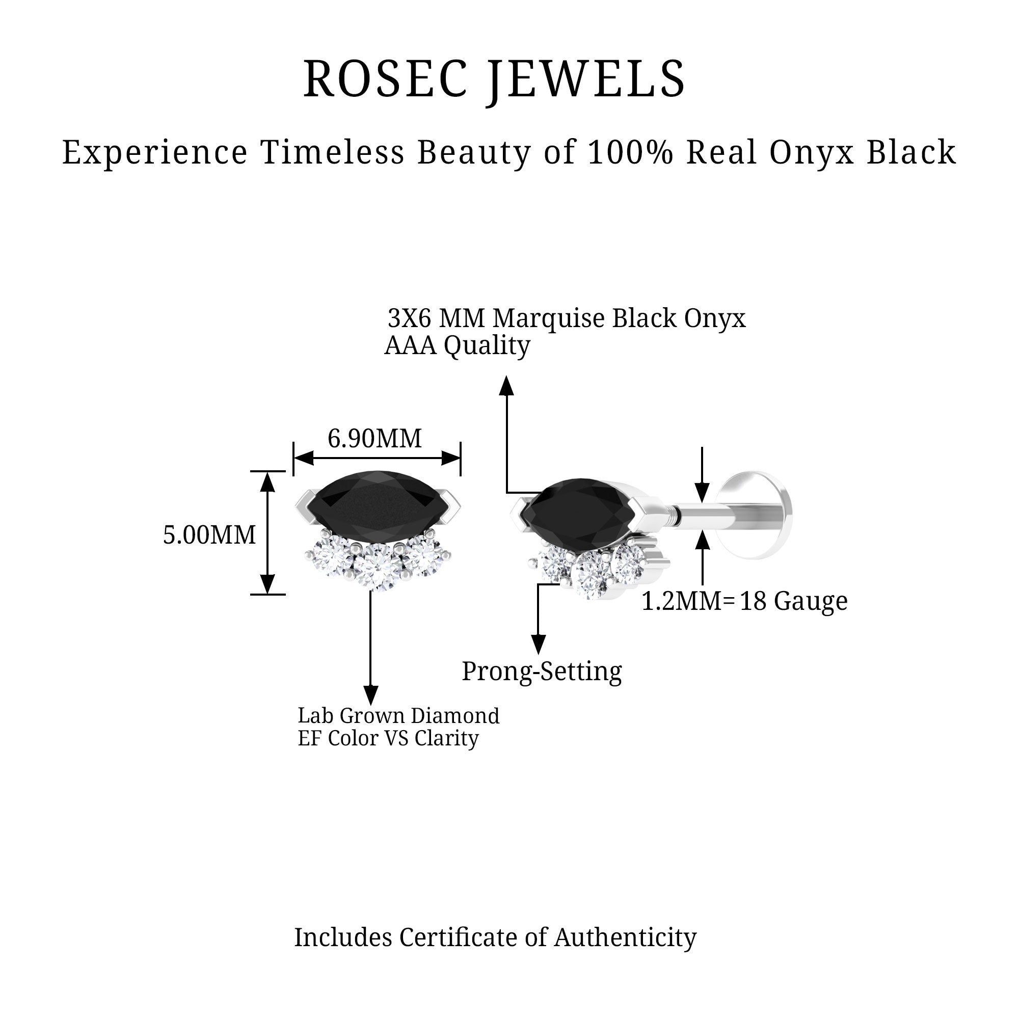 Marquise Black Onyx Helix Earring with Lab Grown Diamonds AAA - Rosec Jewels