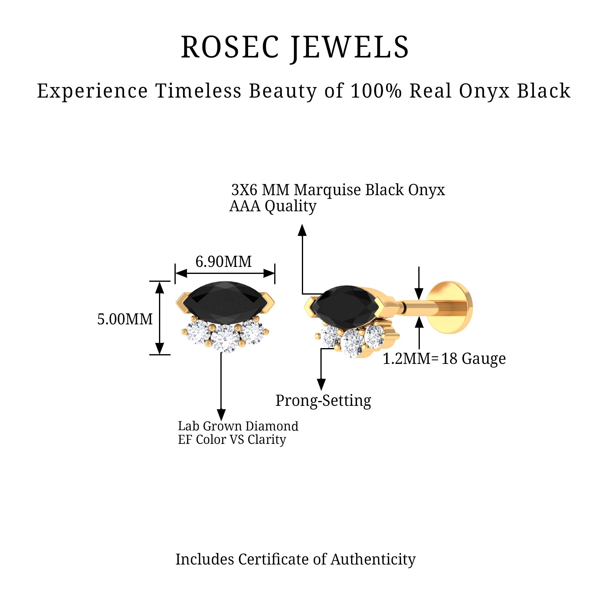 Marquise Black Onyx Helix Earring with Lab Grown Diamonds AAA - Rosec Jewels