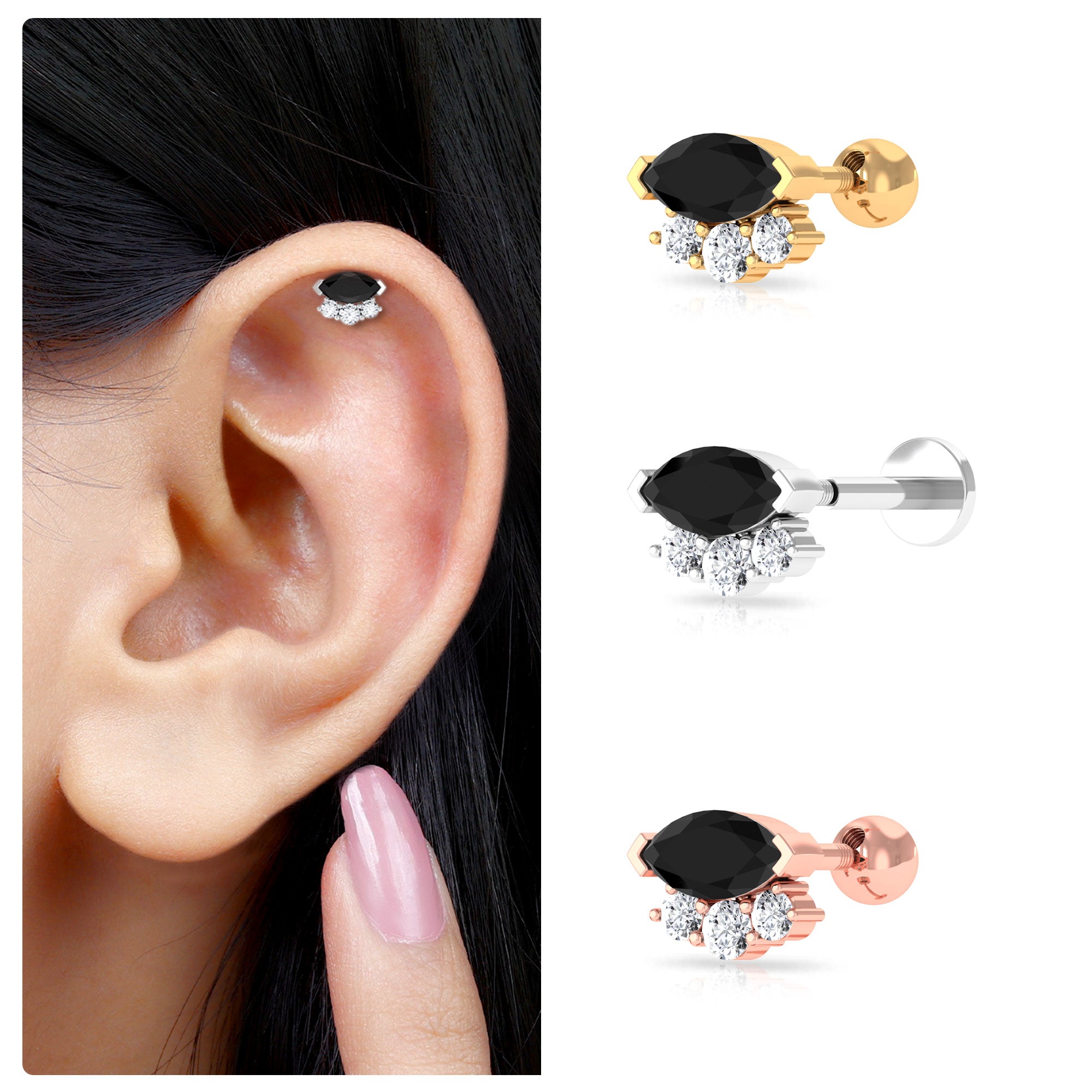 Marquise Black Onyx Helix Earring with Lab Grown Diamonds AAA - Rosec Jewels