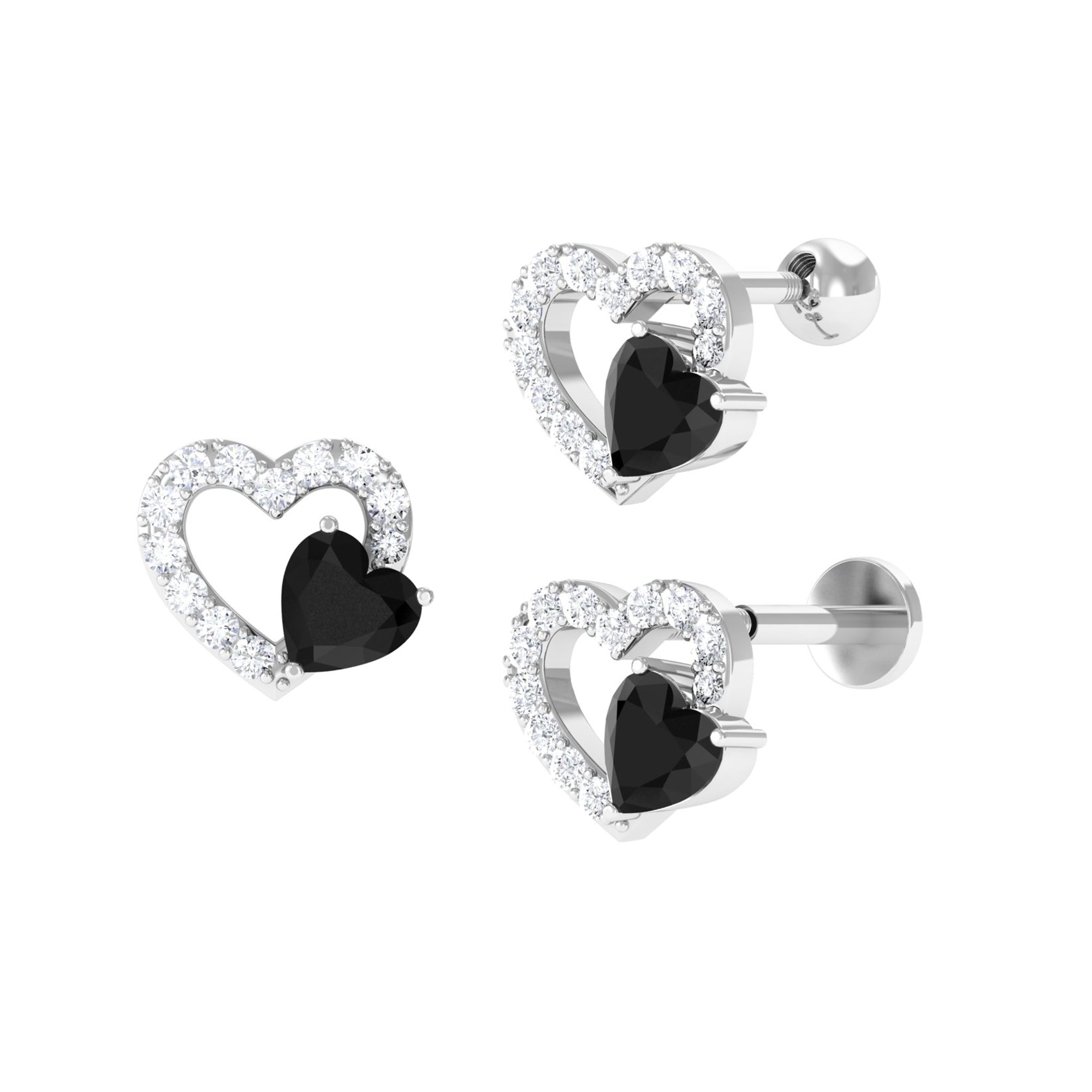 Heart Shape Black Onyx and Moissanite Cartilage Earring Black Onyx - ( AAA ) - Quality - Rosec Jewels