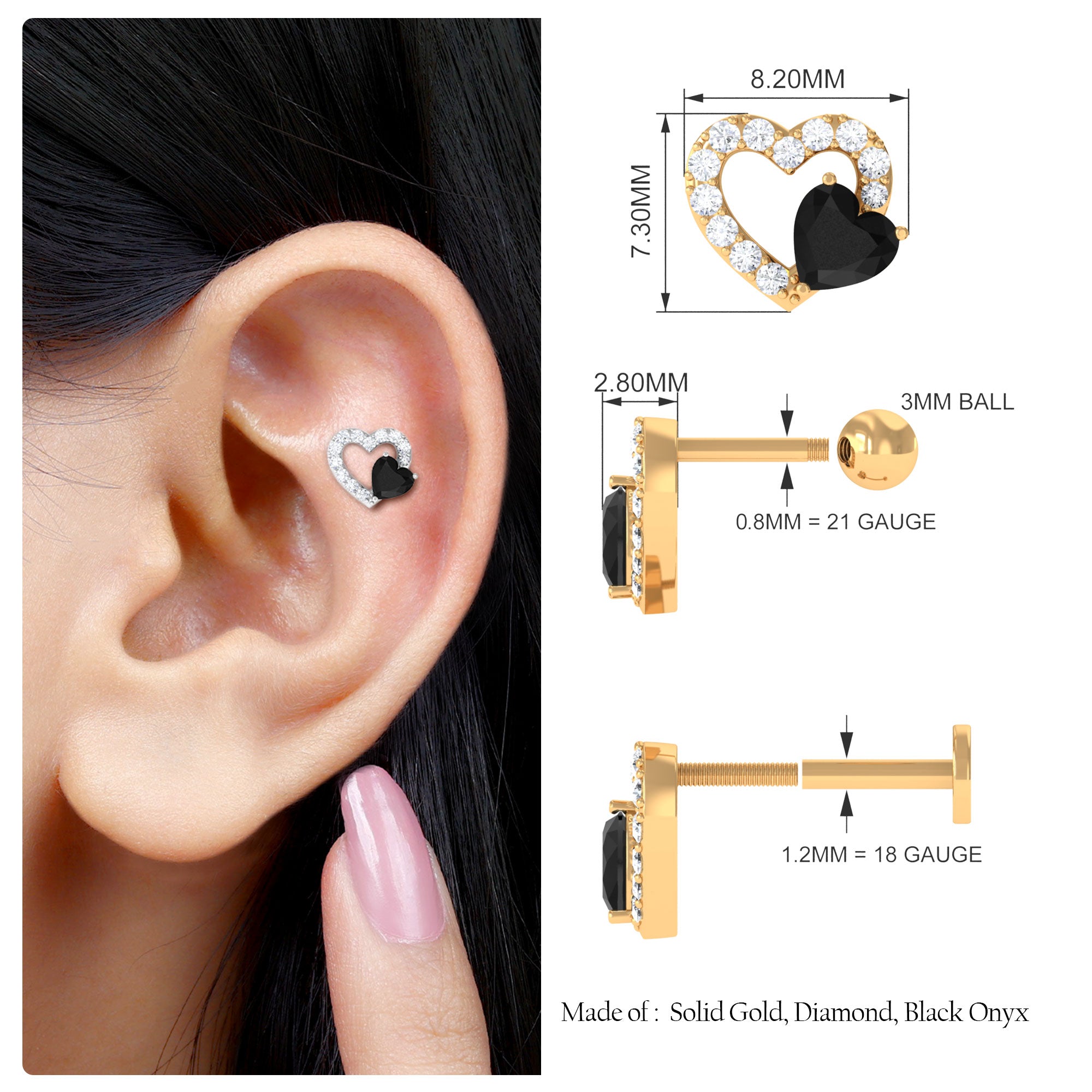 Heart Shape Black Onyx and Moissanite Cartilage Earring Black Onyx - ( AAA ) - Quality - Rosec Jewels