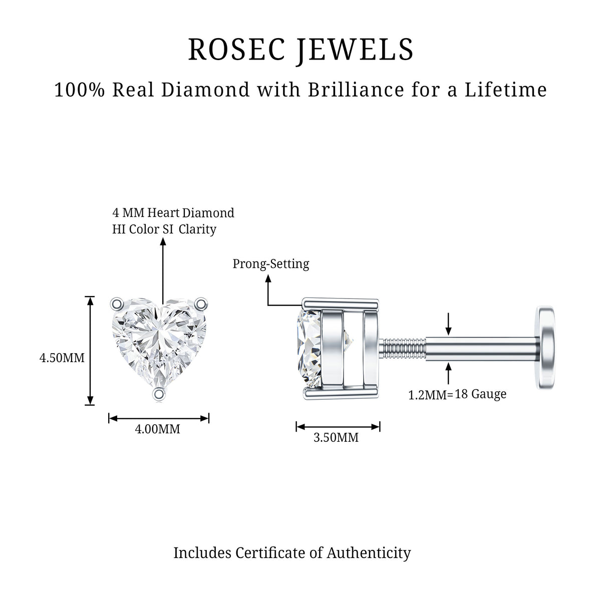 Solitaire Diamond Heart Earring with Flat Back Natural - ( HI-SI ) - Rosec Jewels