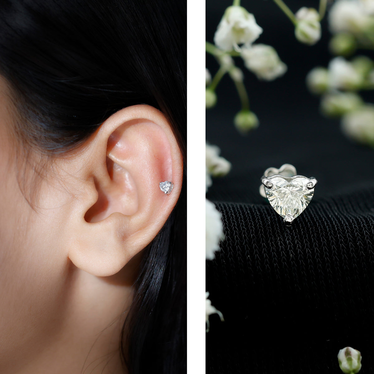 Solitaire Diamond Heart Earring with Flat Back Natural - ( HI-SI ) - Rosec Jewels