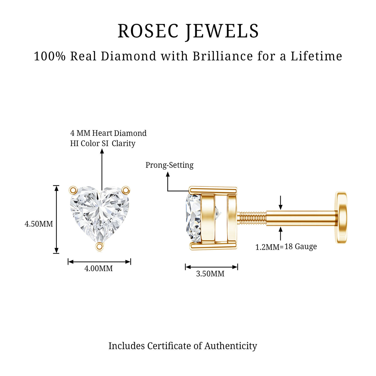 Solitaire Diamond Heart Earring with Flat Back Natural - ( HI-SI ) - Rosec Jewels