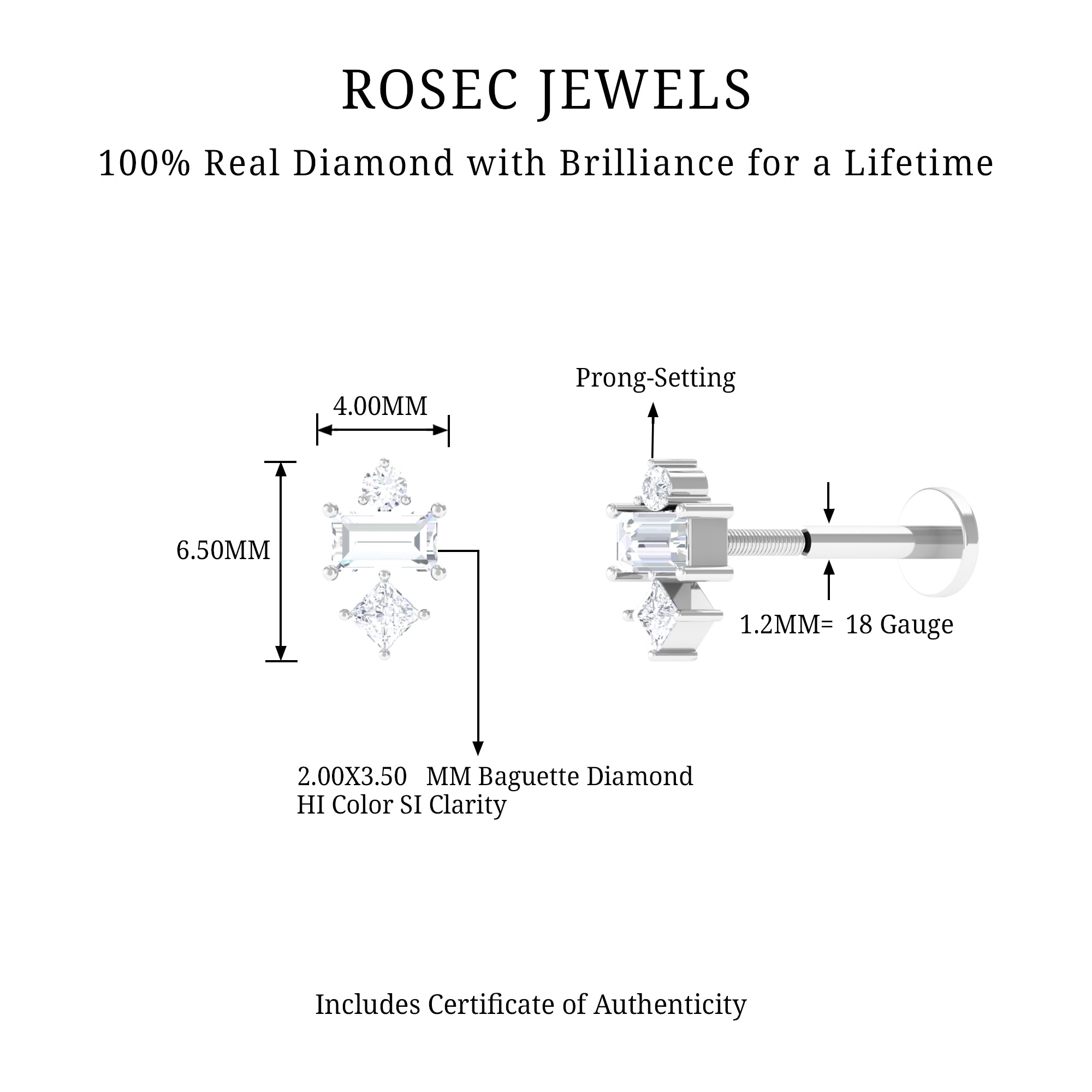 Genuine Diamond Three Stone Earring for Tragus Piercing Natural - ( HI-SI ) - Rosec Jewels