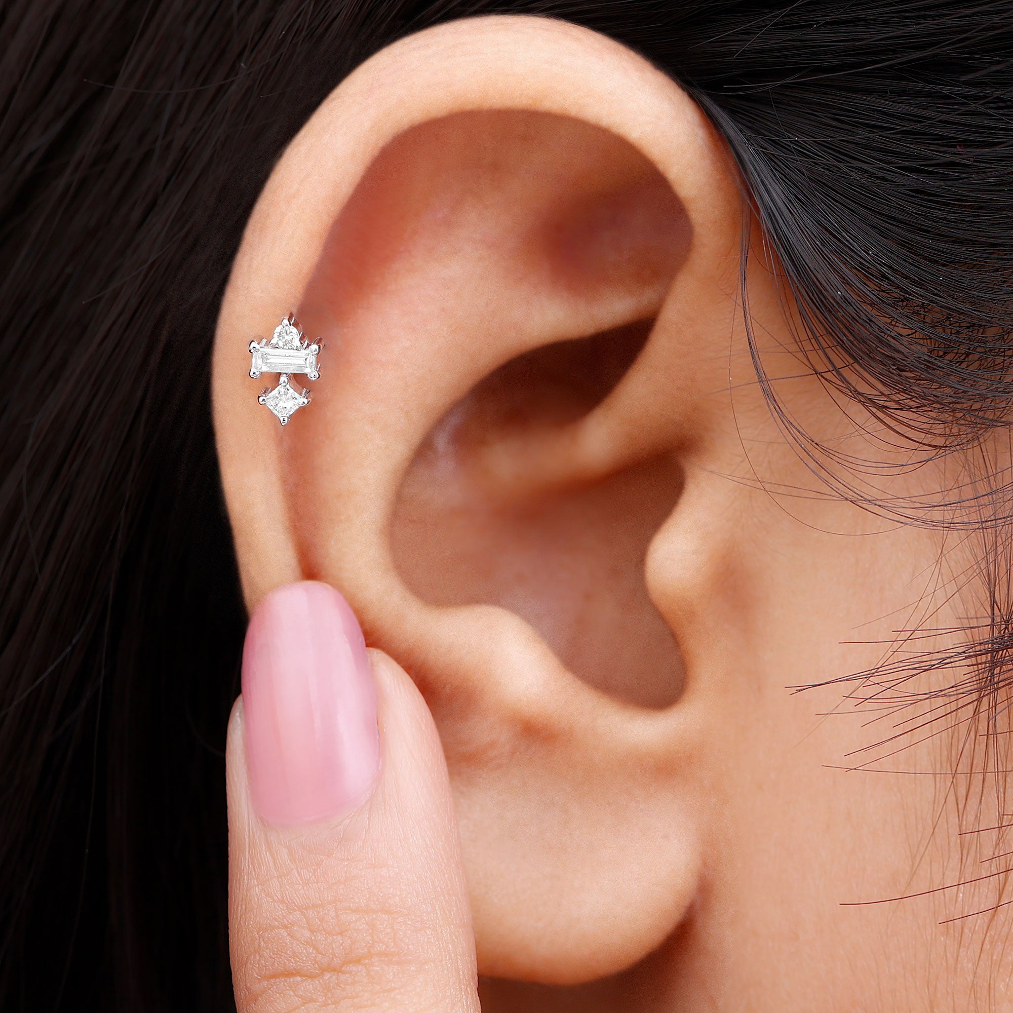 Genuine Diamond Three Stone Earring for Tragus Piercing Natural - ( HI-SI ) - Rosec Jewels