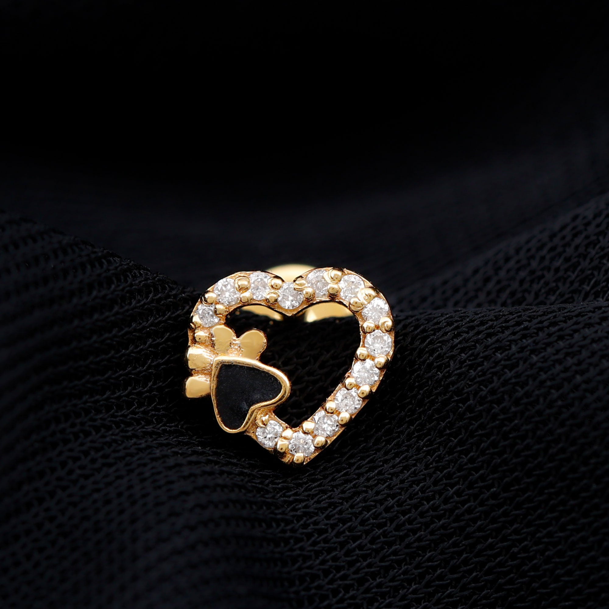 Sparkling Diamond Dog Paw Heart Earring with Black Enamel Natural - ( HI-SI ) - Rosec Jewels
