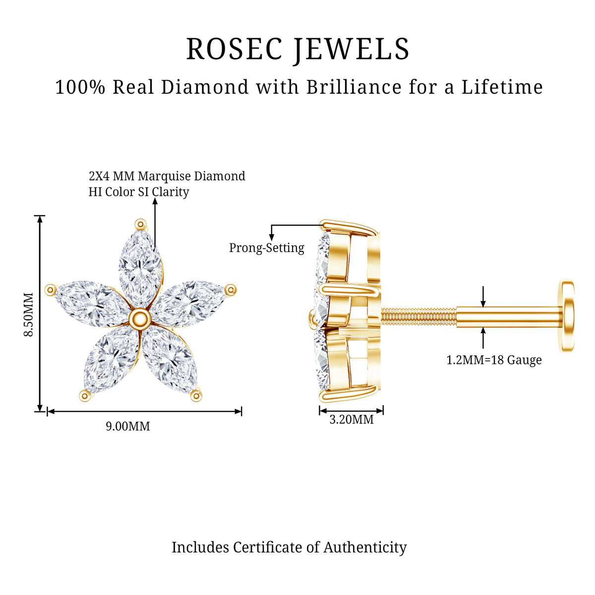 Marquise Diamond Floral Upper Lobe Earring Natural - ( HI-SI ) - Rosec Jewels