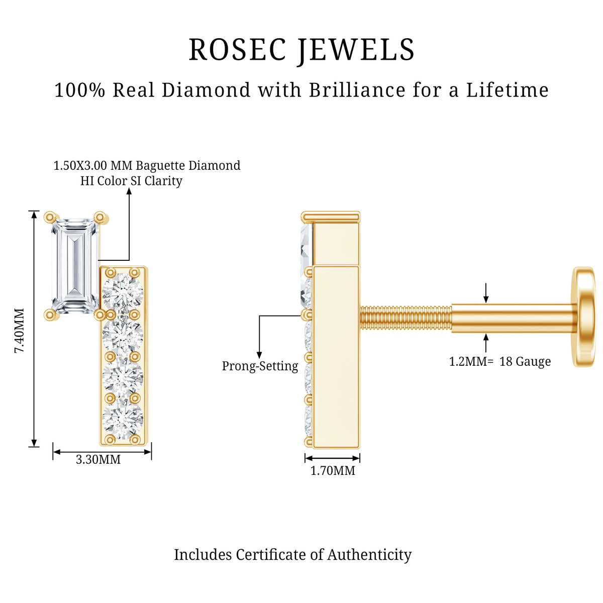 Minimalist Diamond Tragus Piercing Earring Natural - ( HI-SI ) - Rosec Jewels