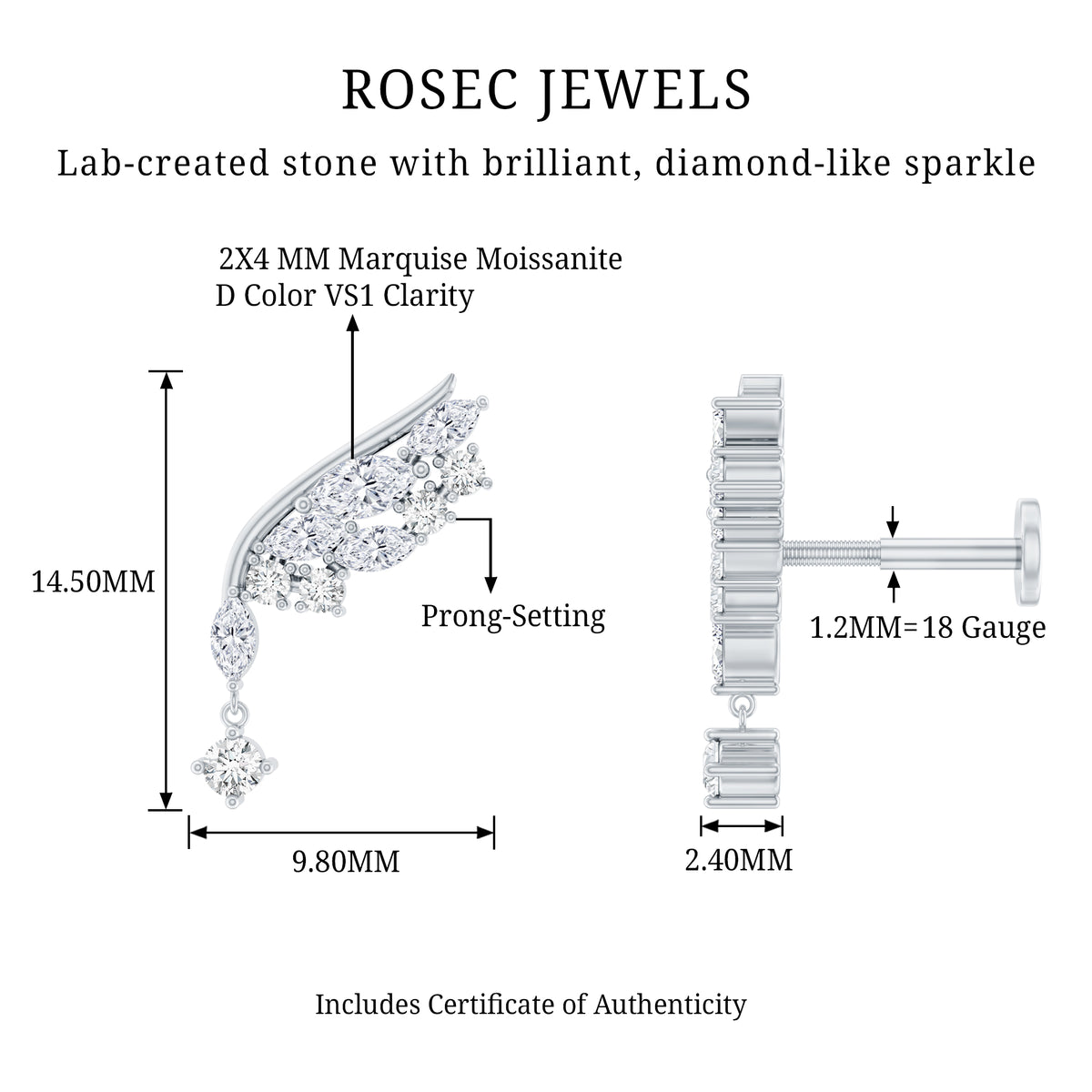 Unique Moissanite Wing Earring for Cartilage Piercing D-VS1 - Rosec Jewels