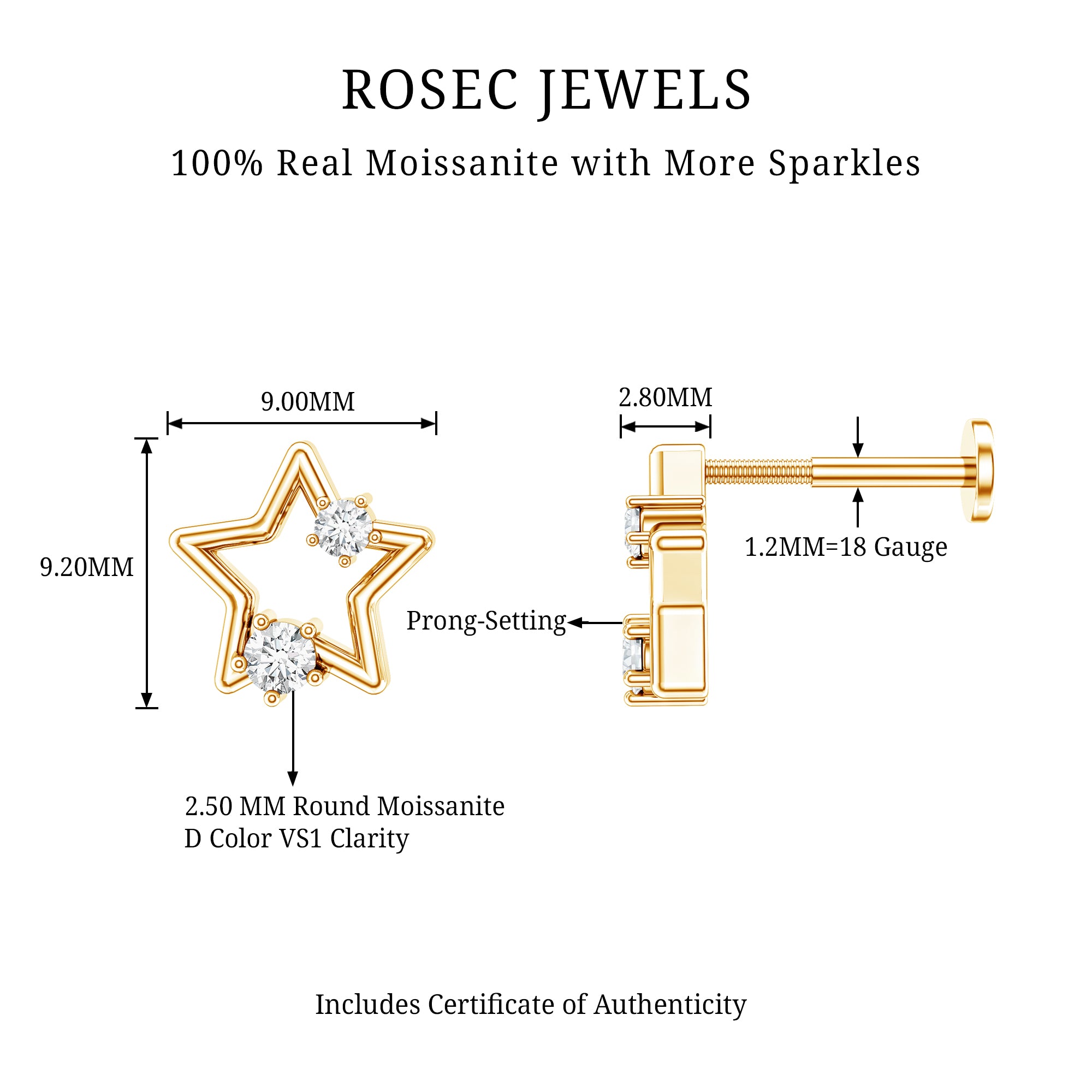 Certified Moissanite Star Shaped Earring for Upper Lobe Piercing D-VS1 - Rosec Jewels