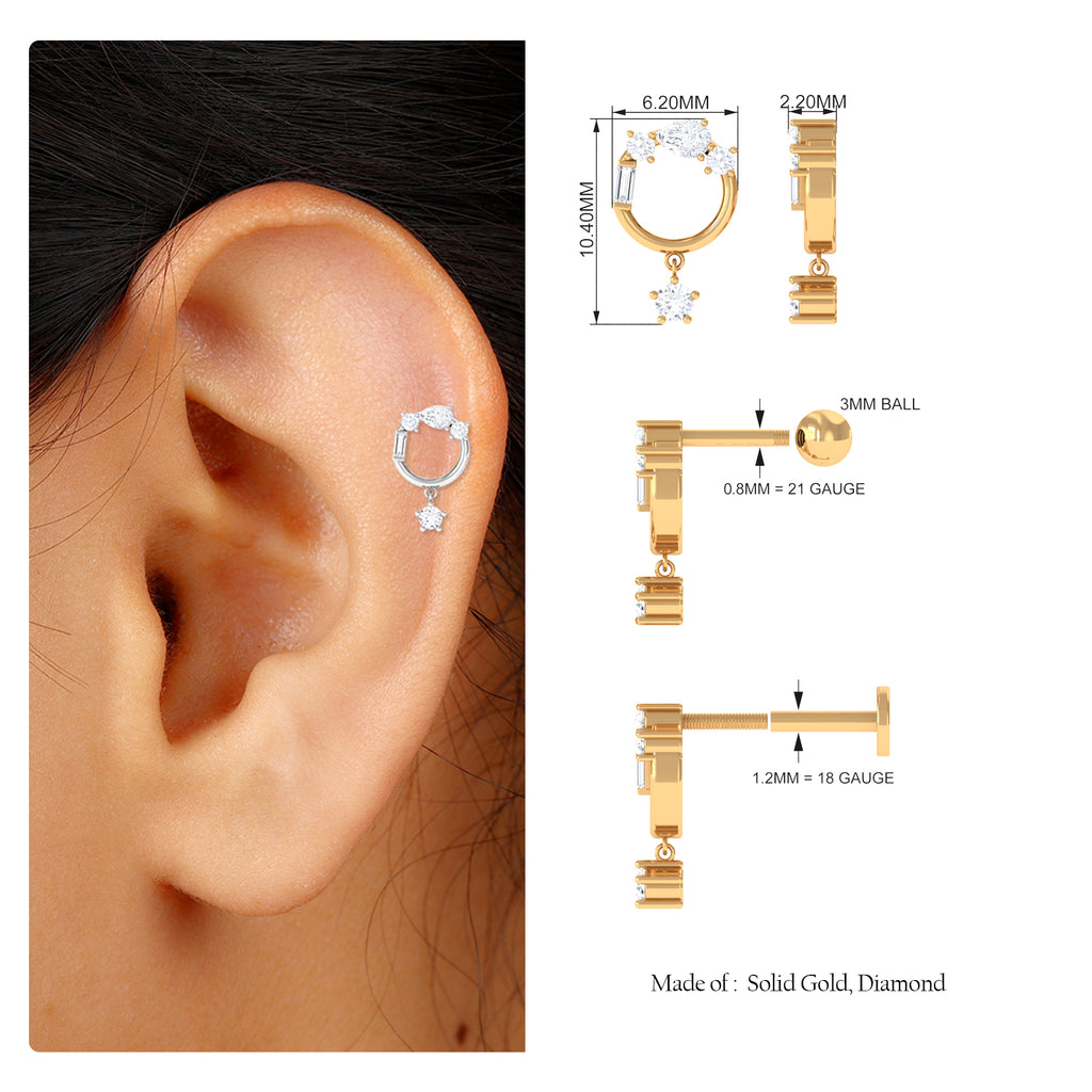 Moissanite Circle Drop Earring for Cartilage Piercing Moissanite - ( D-VS1 ) - Color and Clarity - Rosec Jewels