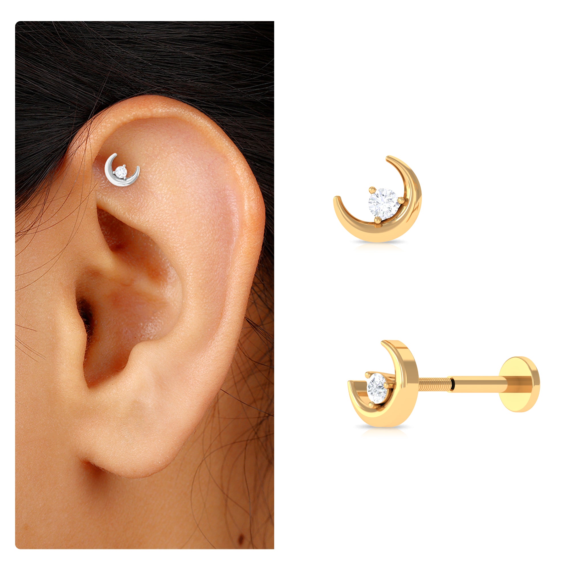 Genuine Diamond Crescent Moon Helix Earring Natural - ( HI-SI ) - Rosec Jewels