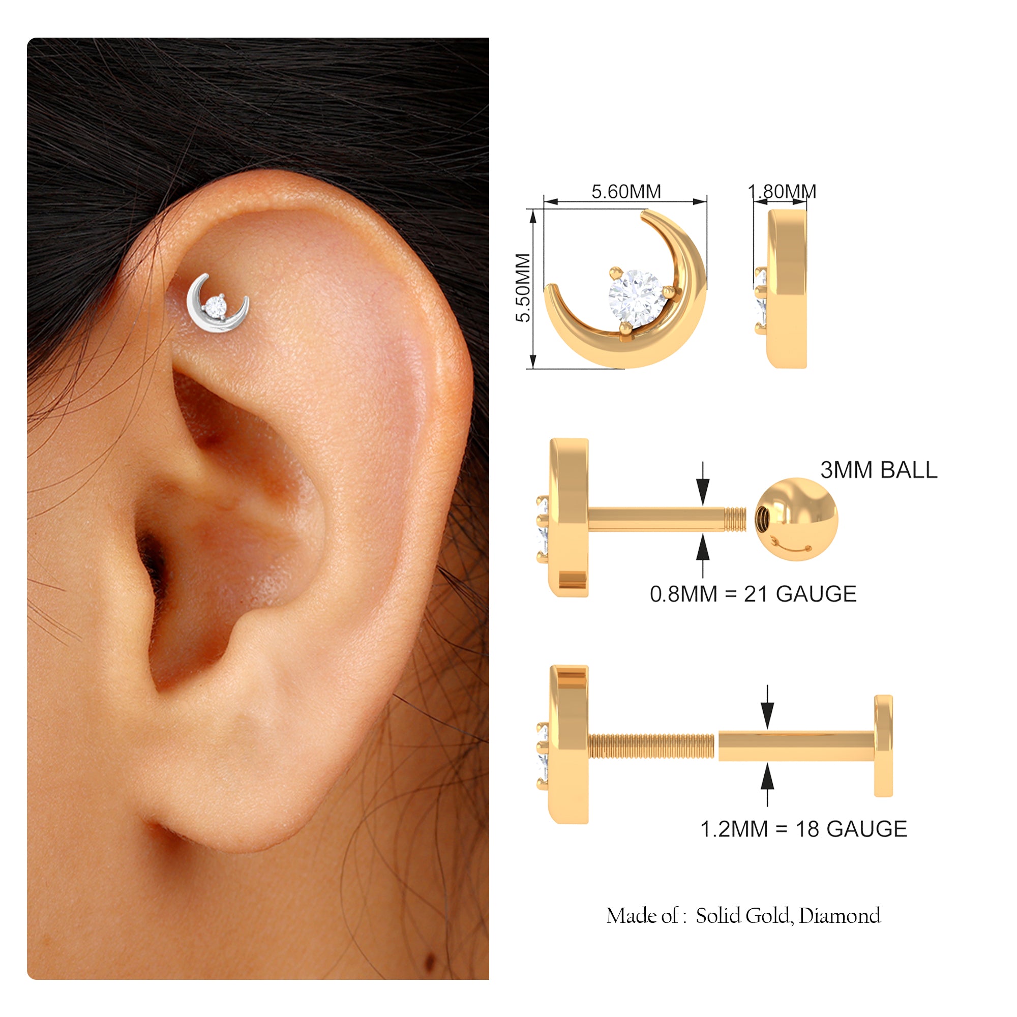 Genuine Diamond Crescent Moon Helix Earring Natural - ( HI-SI ) - Rosec Jewels