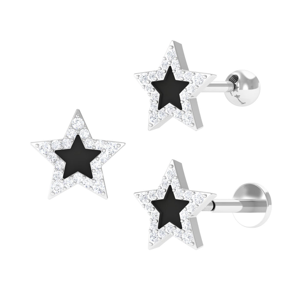Real Moissanite Star Cartilage Earring with Black Enamel Moissanite - ( D-VS1 ) - Color and Clarity - Rosec Jewels