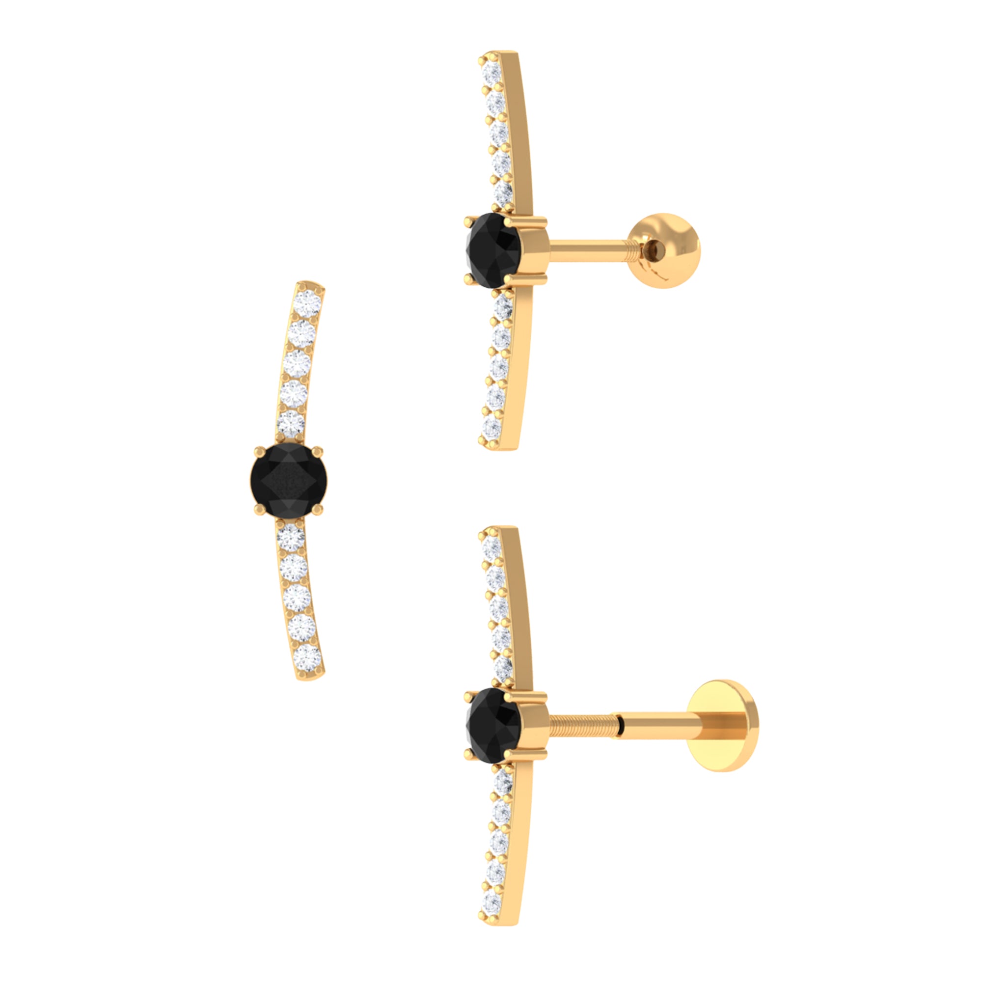 Black Onyx and Moissanite Curved Cartilage Earring in Gold Black Onyx - ( AAA ) - Quality - Rosec Jewels