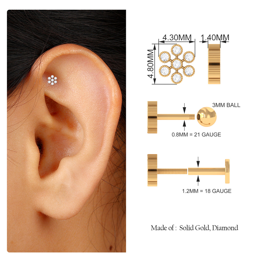 Moissanite Flower Cartilage Earring in Beaded Bezel Setting Moissanite - ( D-VS1 ) - Color and Clarity - Rosec Jewels