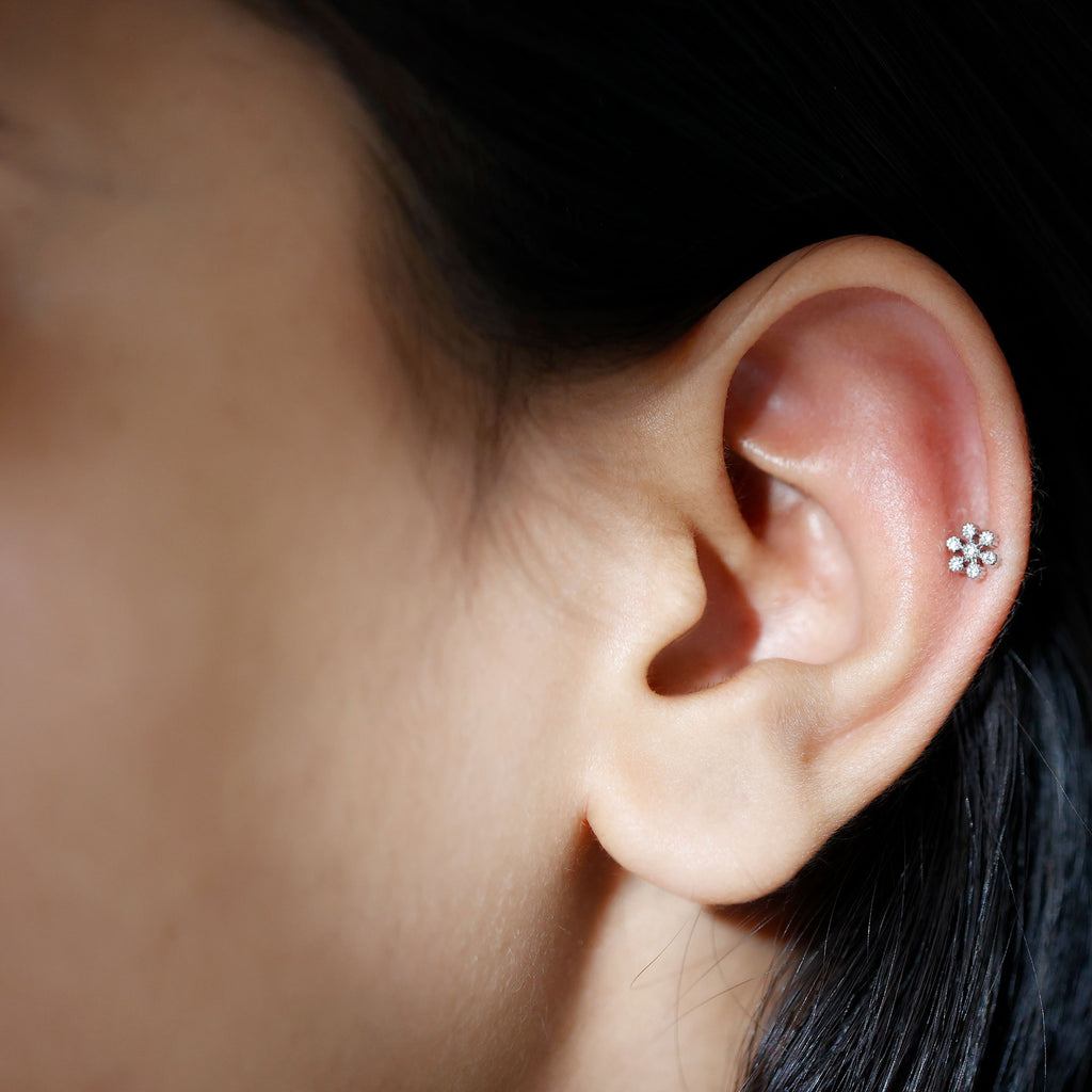 Moissanite Flower Cartilage Earring in Beaded Bezel Setting Moissanite - ( D-VS1 ) - Color and Clarity - Rosec Jewels