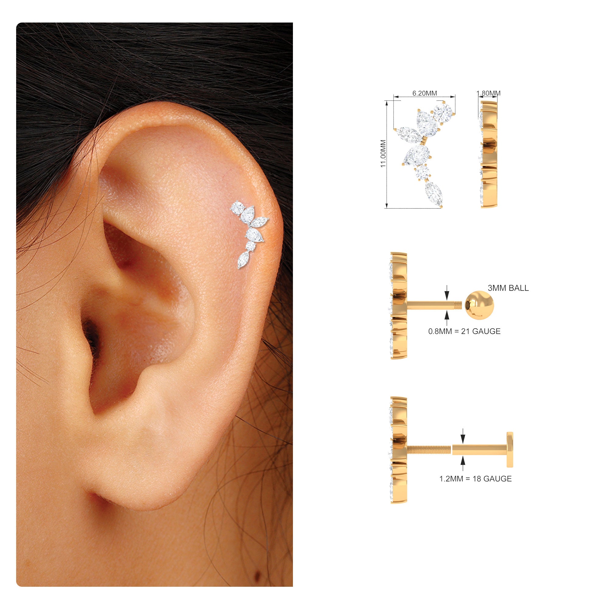 Exquisite Moissanite Curved Crawler Earring for Helix Piercing Moissanite - ( D-VS1 ) - Color and Clarity - Rosec Jewels