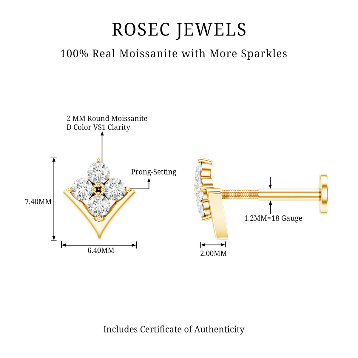 Certified Moissanite Floral Cluster Cartilage Earring D-VS1 - Rosec Jewels