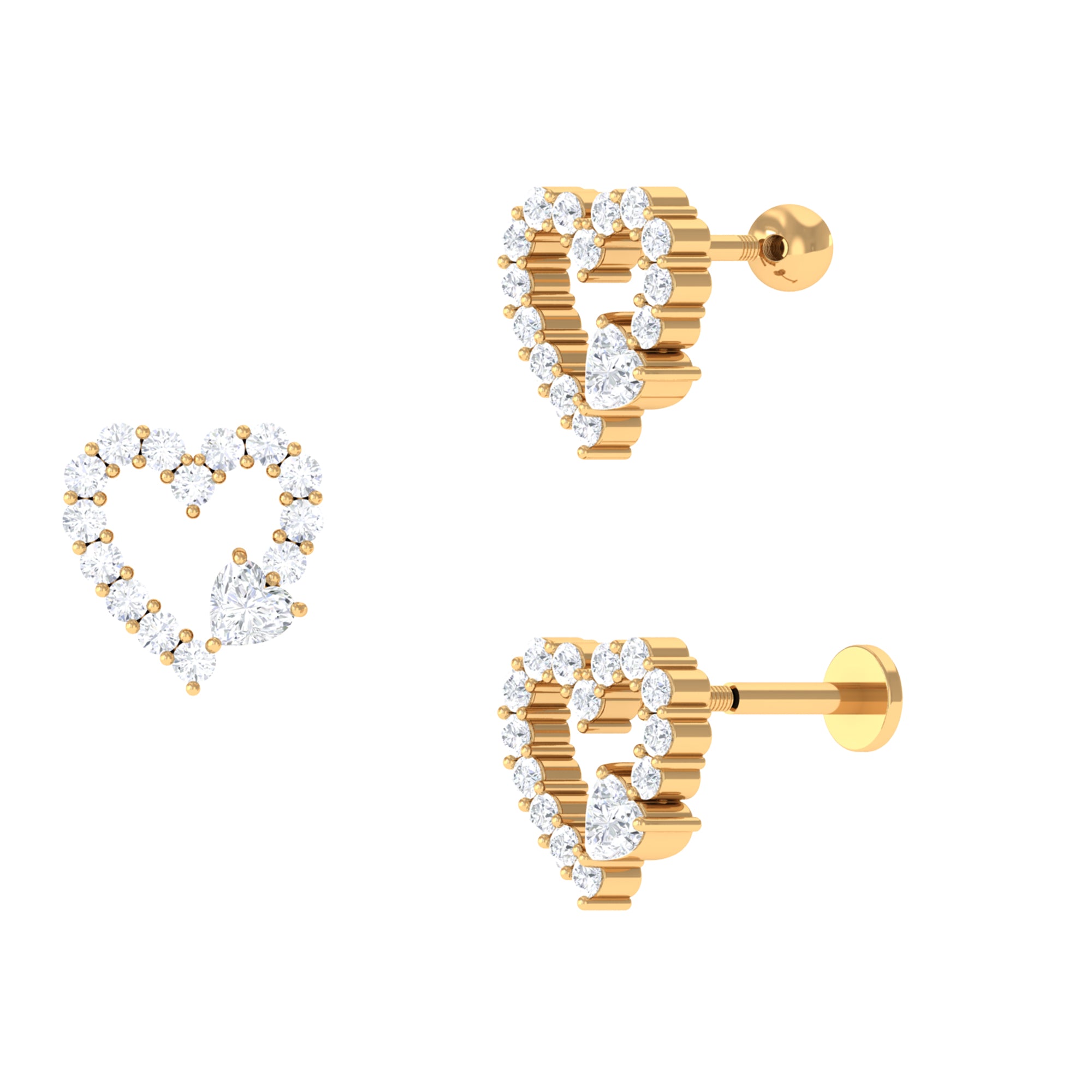 Certified Moissanite Gold Heart Cartilage Earring Moissanite - ( D-VS1 ) - Color and Clarity - Rosec Jewels