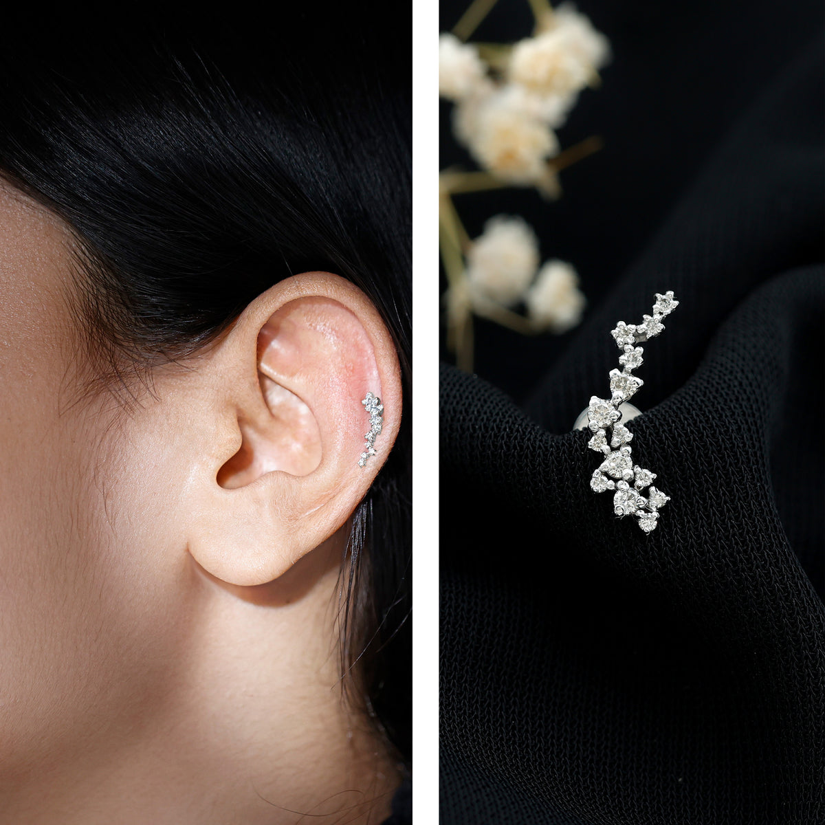 Diamond Cluster Crawler Earring for Helix Piercing Natural - ( HI-SI ) - Rosec Jewels