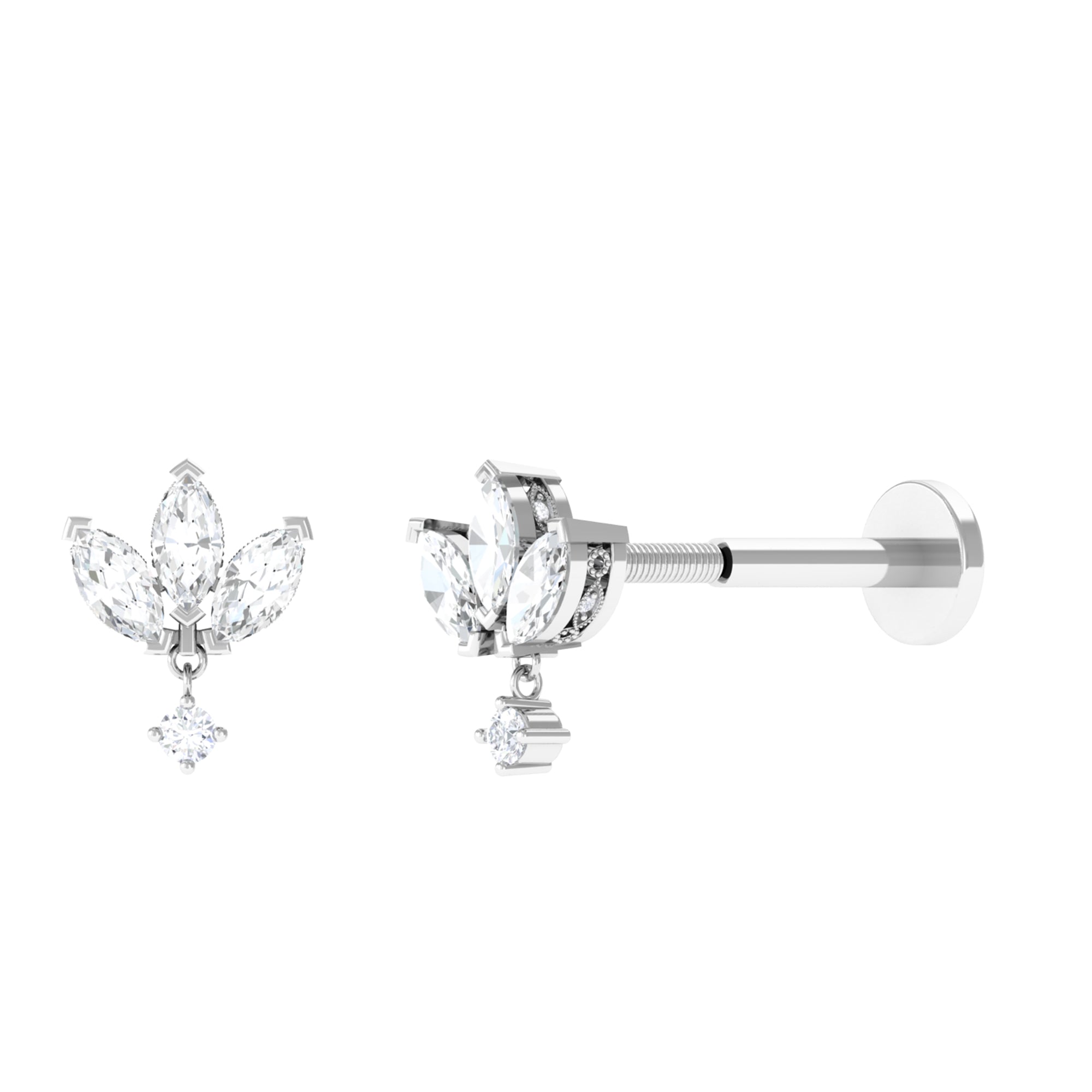 Real Diamond Lotus Flower Drop Earring for Cartilage Piercing Diamond - ( HI-SI ) - Color and Clarity - Rosec Jewels