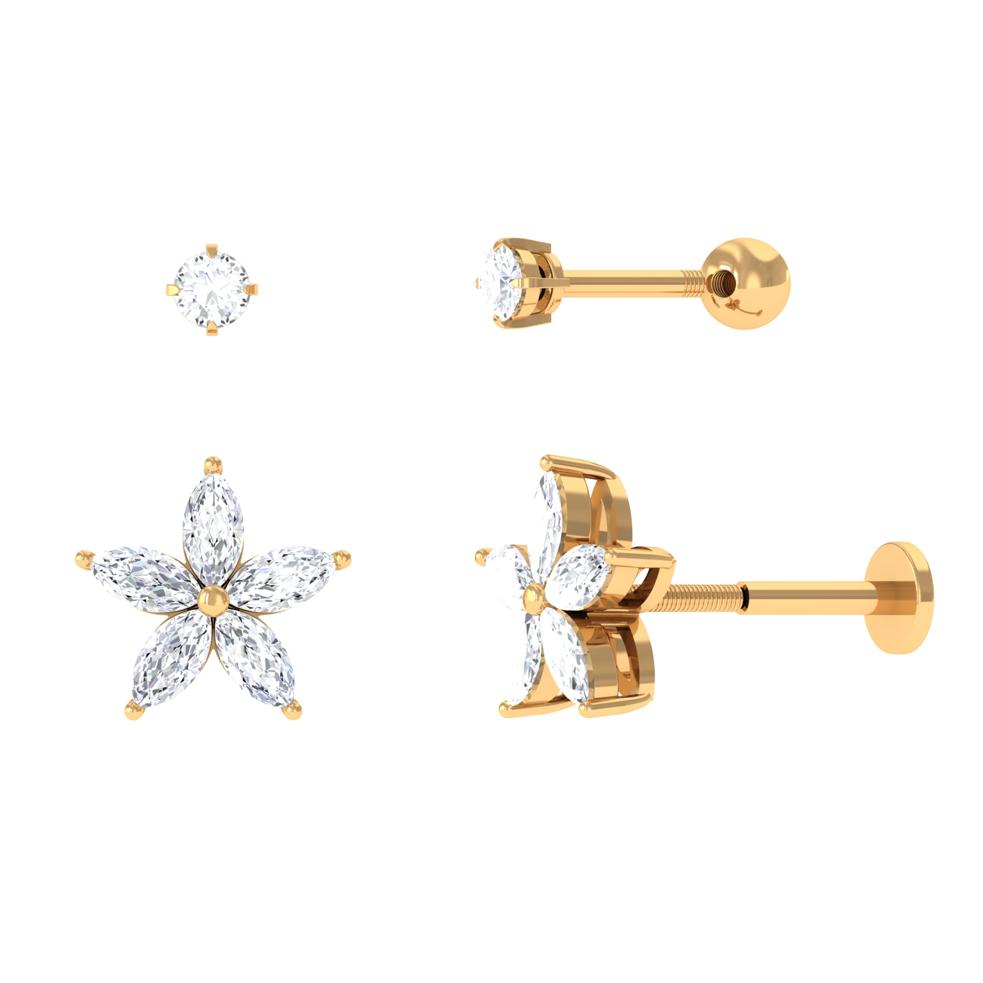 Marquise Moissanite Flower Cartilage Earring Set Moissanite - ( D-VS1 ) - Color and Clarity - Rosec Jewels