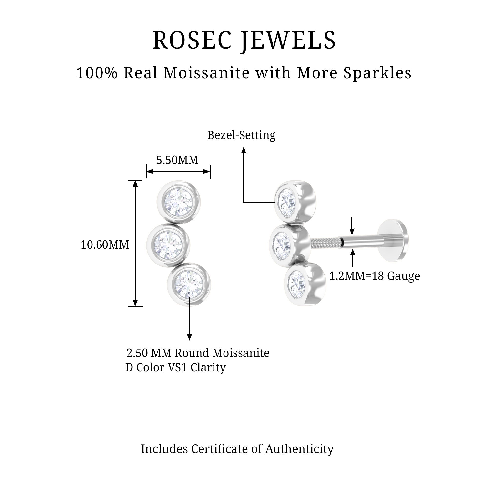 Bezel Set Moissanite Three Stone Crawler Earring D-VS1 - Rosec Jewels