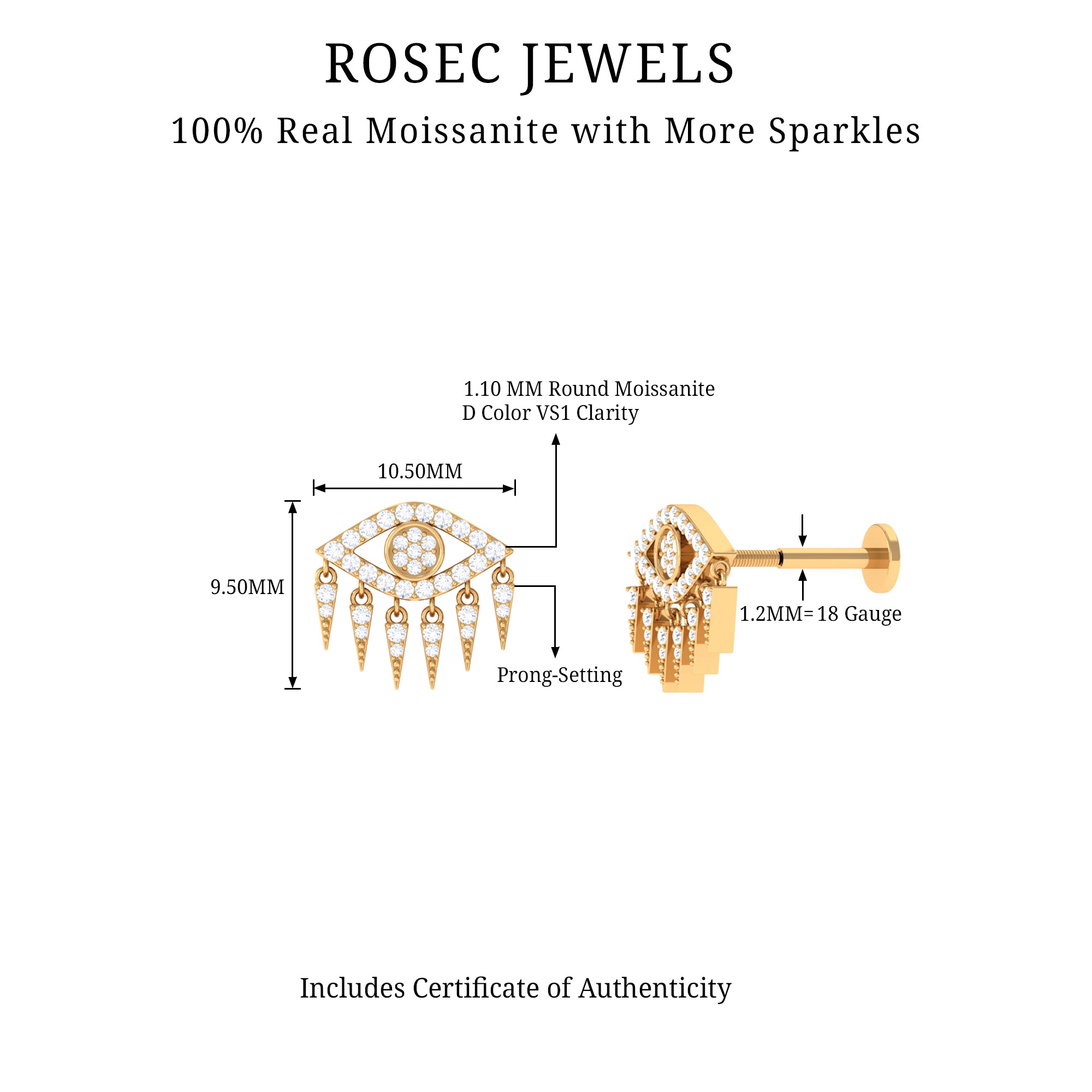 Unique Moissanite Evil Eye Earring for Cartilage Piercing D-VS1 - Rosec Jewels