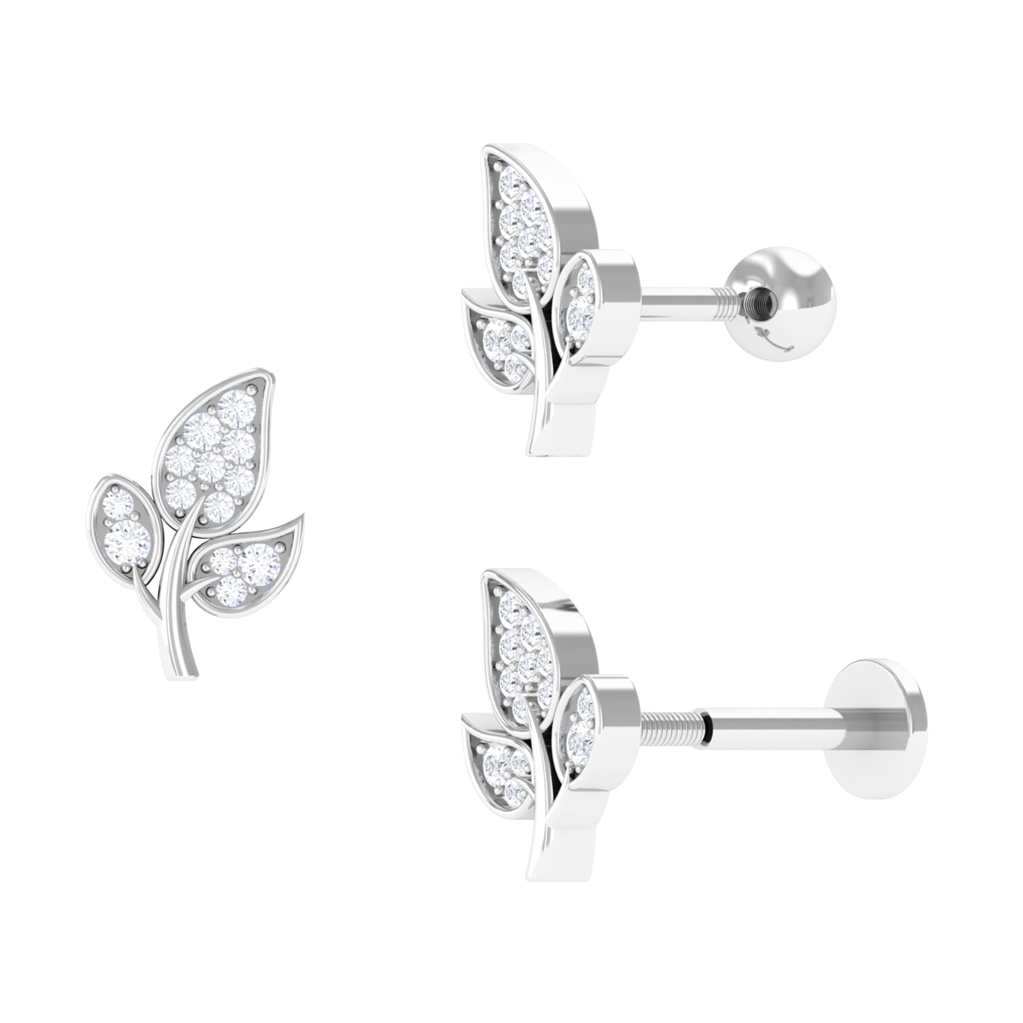 Dainty Moissanite Gold Leaf Earring for Cartilage Piercing Moissanite - ( D-VS1 ) - Color and Clarity - Rosec Jewels