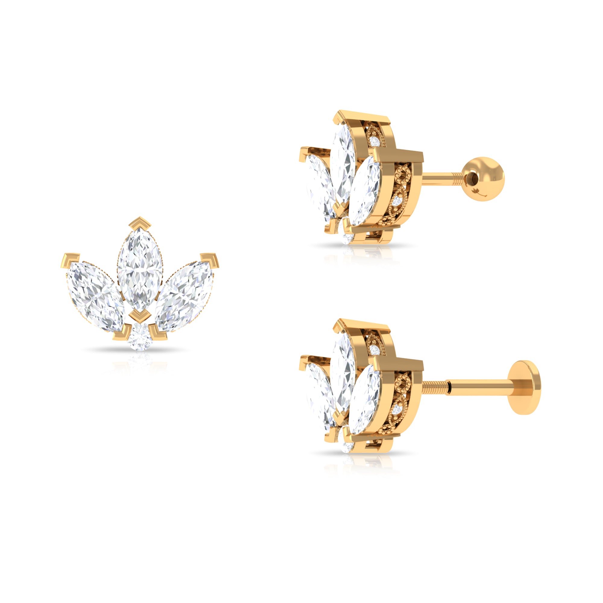 Marquise Moissanite Lotus Earring for Cartilage Piercing Moissanite - ( D-VS1 ) - Color and Clarity - Rosec Jewels