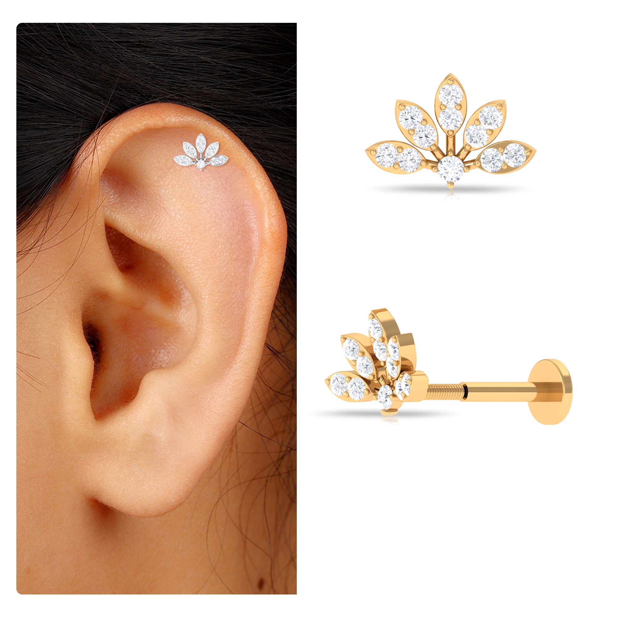 Elegant Moissanite Lotus Earring for Helix Piercing – Rosec Jewels