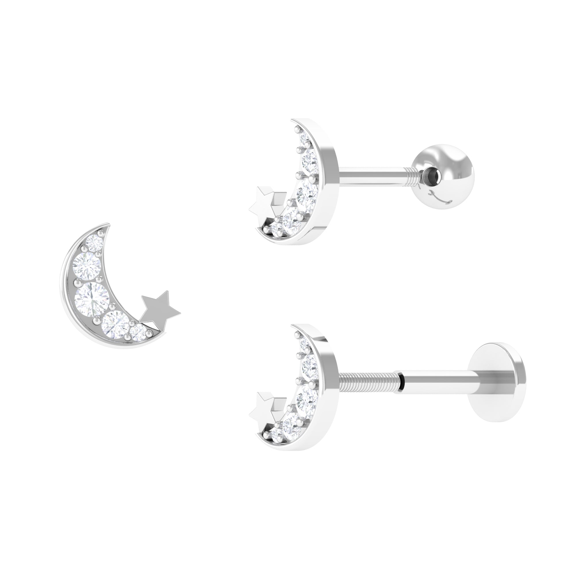 Real Diamond Gold Moon Star Earring for Cartilage Piercing Diamond - ( HI-SI ) - Color and Clarity - Rosec Jewels
