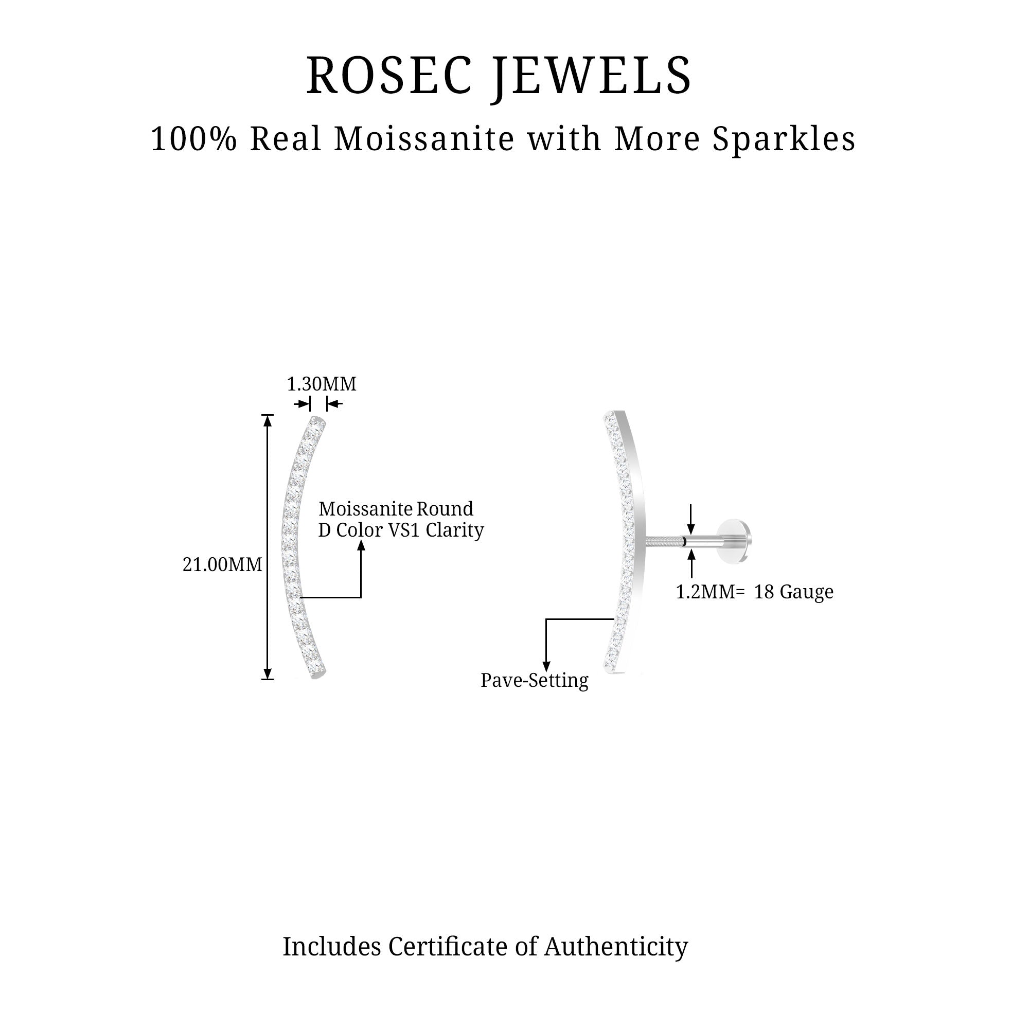 Certified Moissanite Curved Climber Earring in Gold Moissanite - ( D-VS1 ) - Color and Clarity - Rosec Jewels