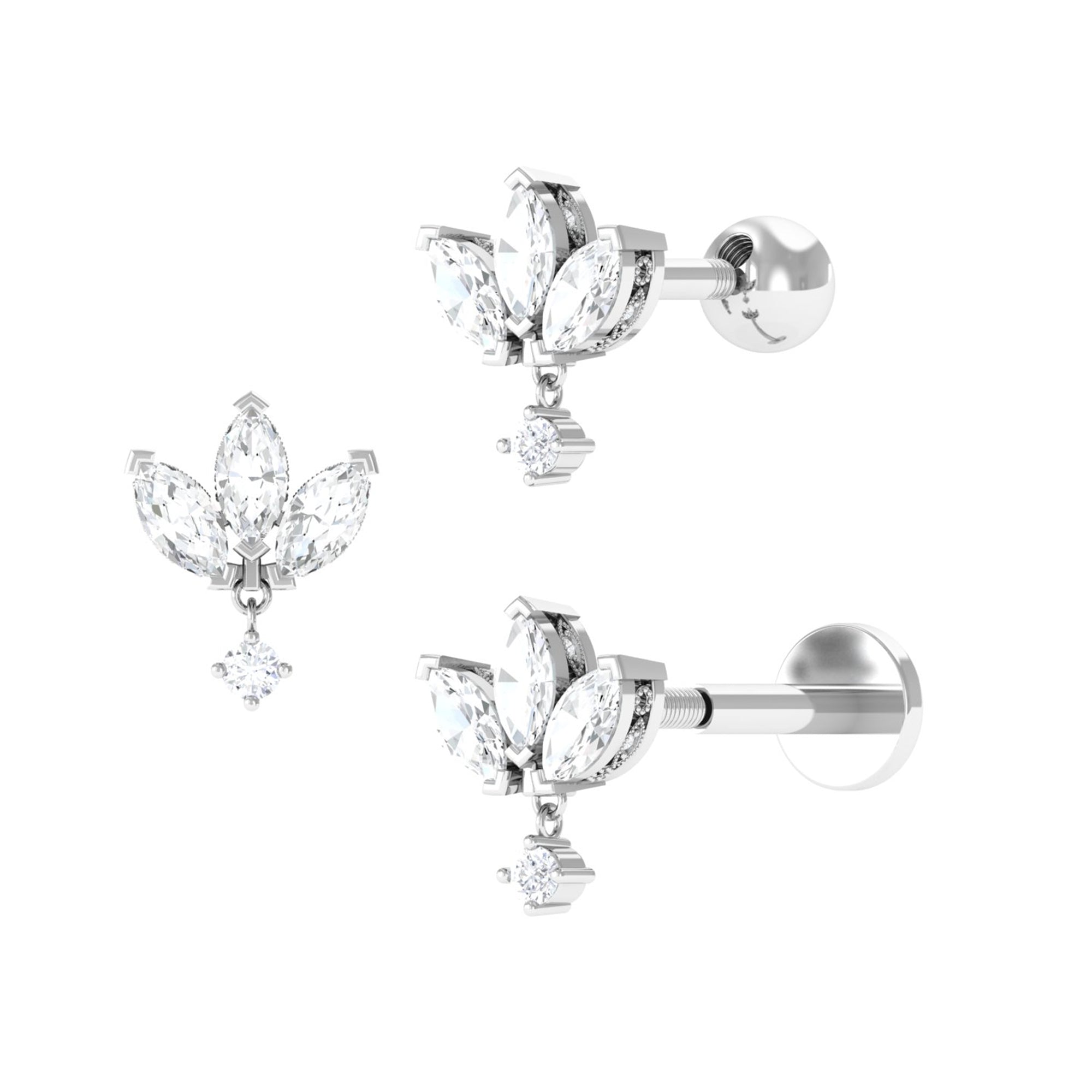 Marquise Moissanite Lotus Flower Cartilage Earring Moissanite - ( D-VS1 ) - Color and Clarity - Rosec Jewels