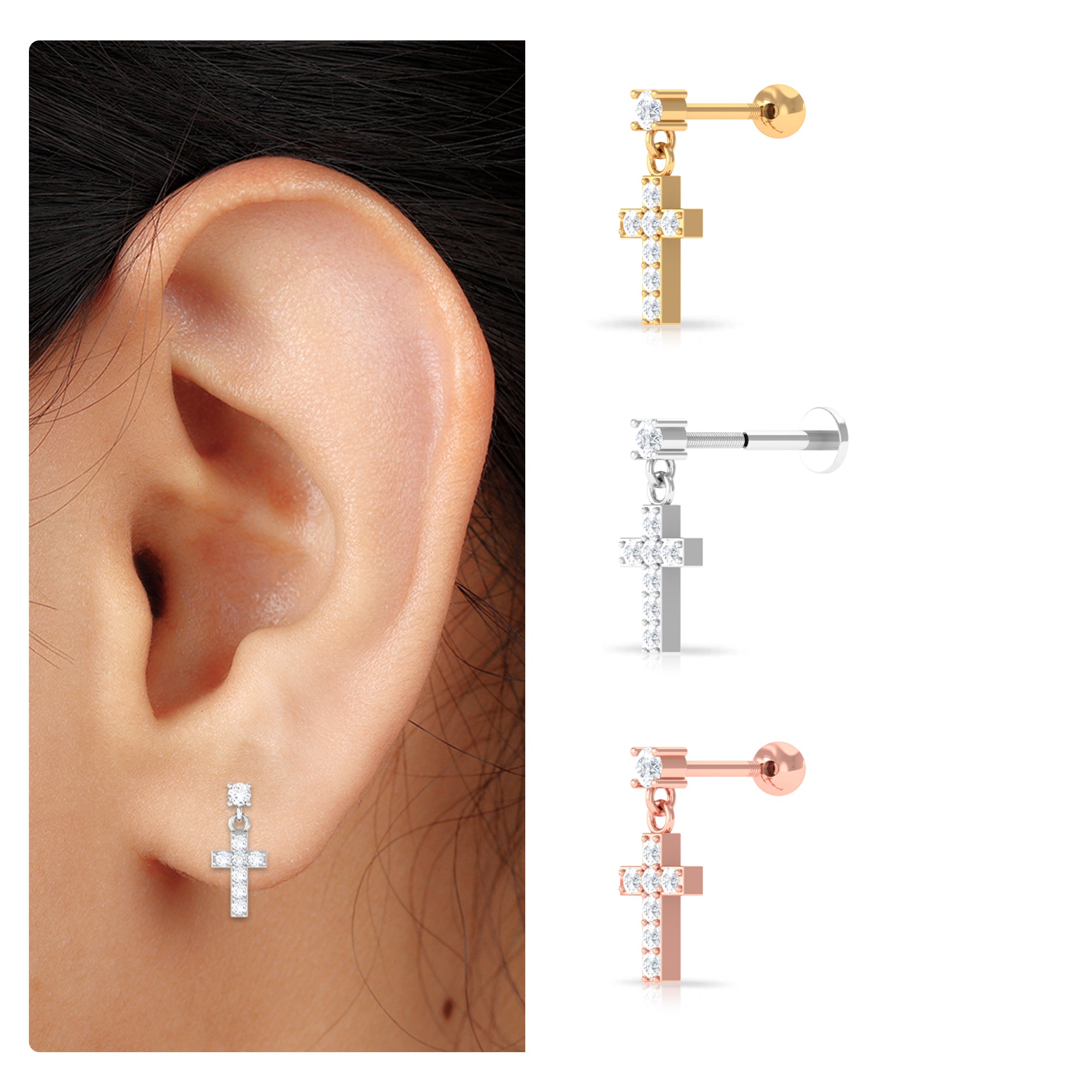 Moissanite Cross Dangly Earring for Helix Piercing D-VS1 - Rosec Jewels