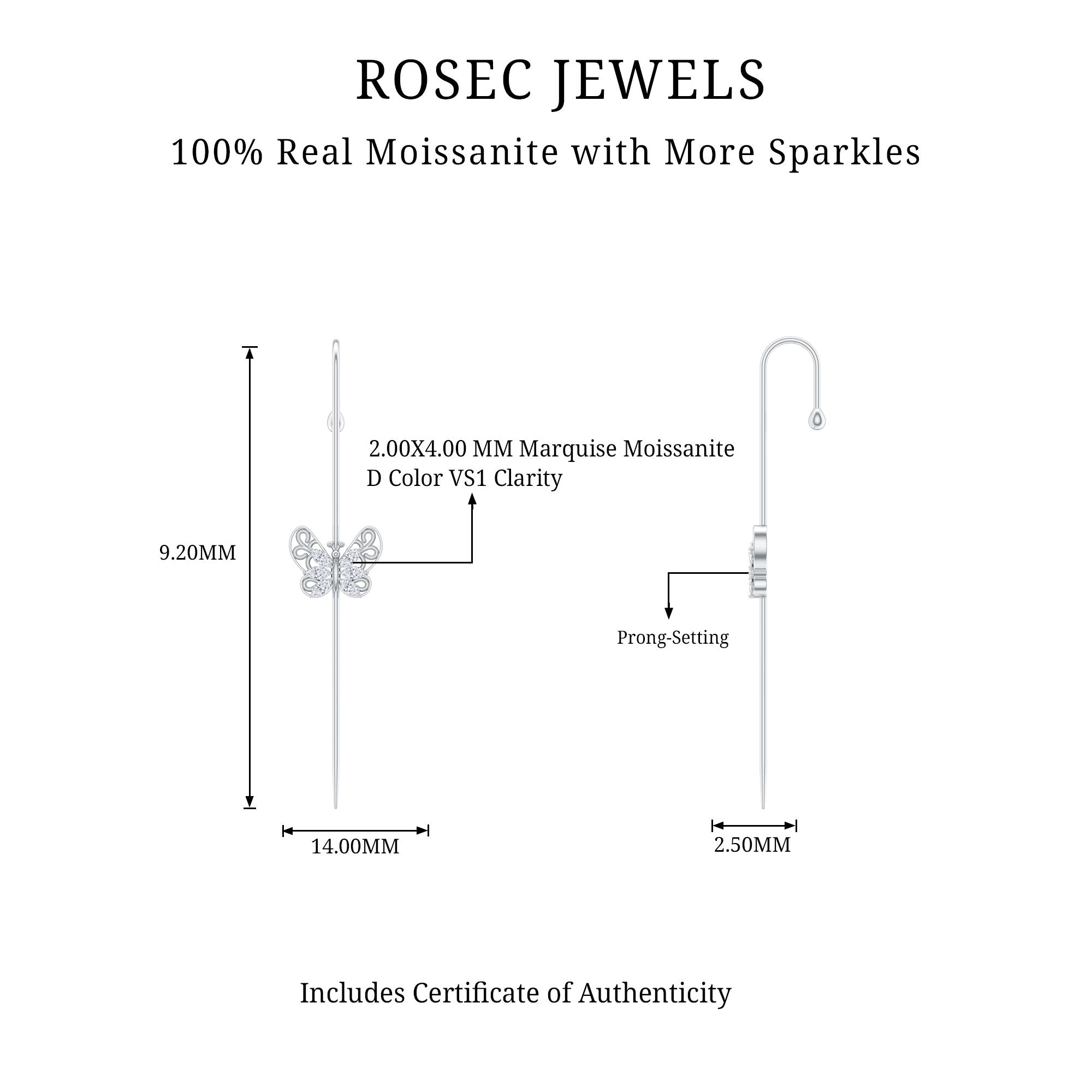 Elegant Certified Moissanite Butterfly Ear Pin Earring D-VS1 - Rosec Jewels