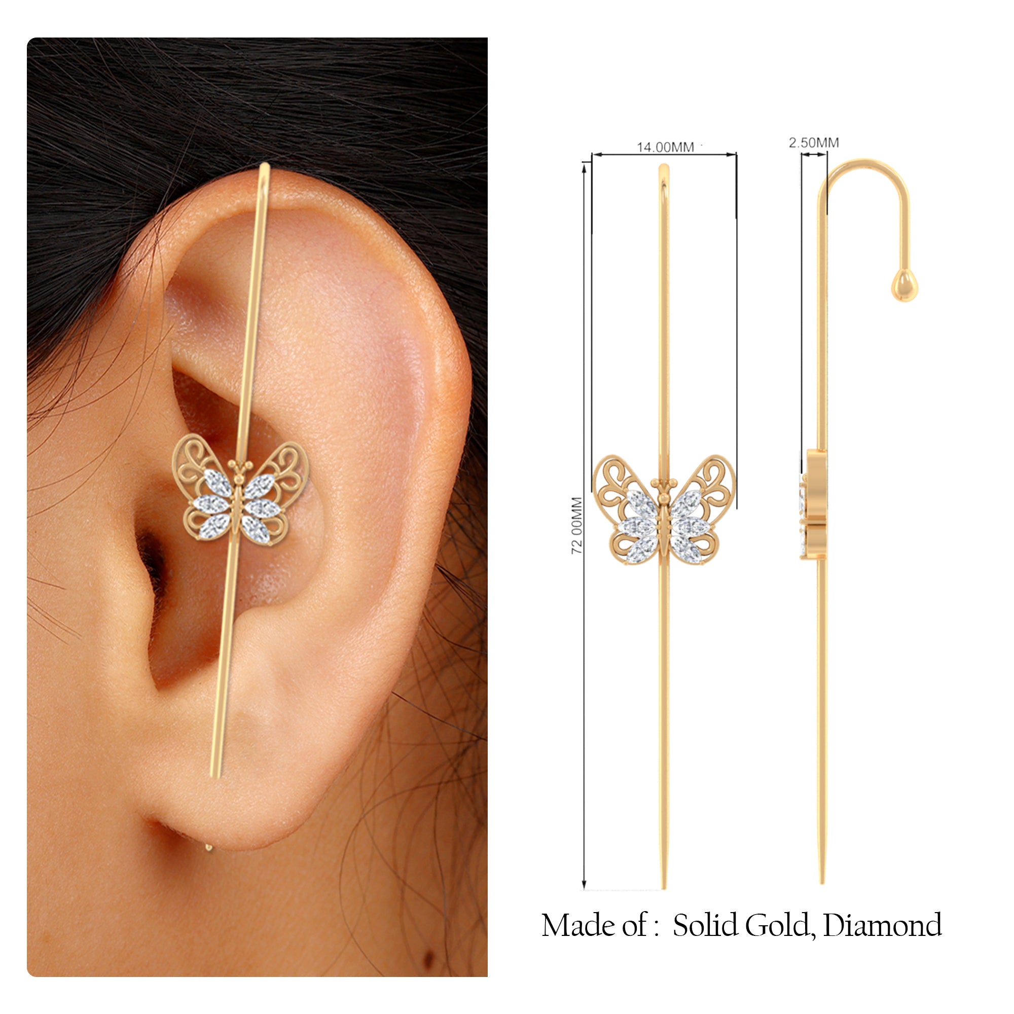 Elegant Certified Moissanite Butterfly Ear Pin Earring Moissanite - ( D-VS1 ) - Color and Clarity - Rosec Jewels