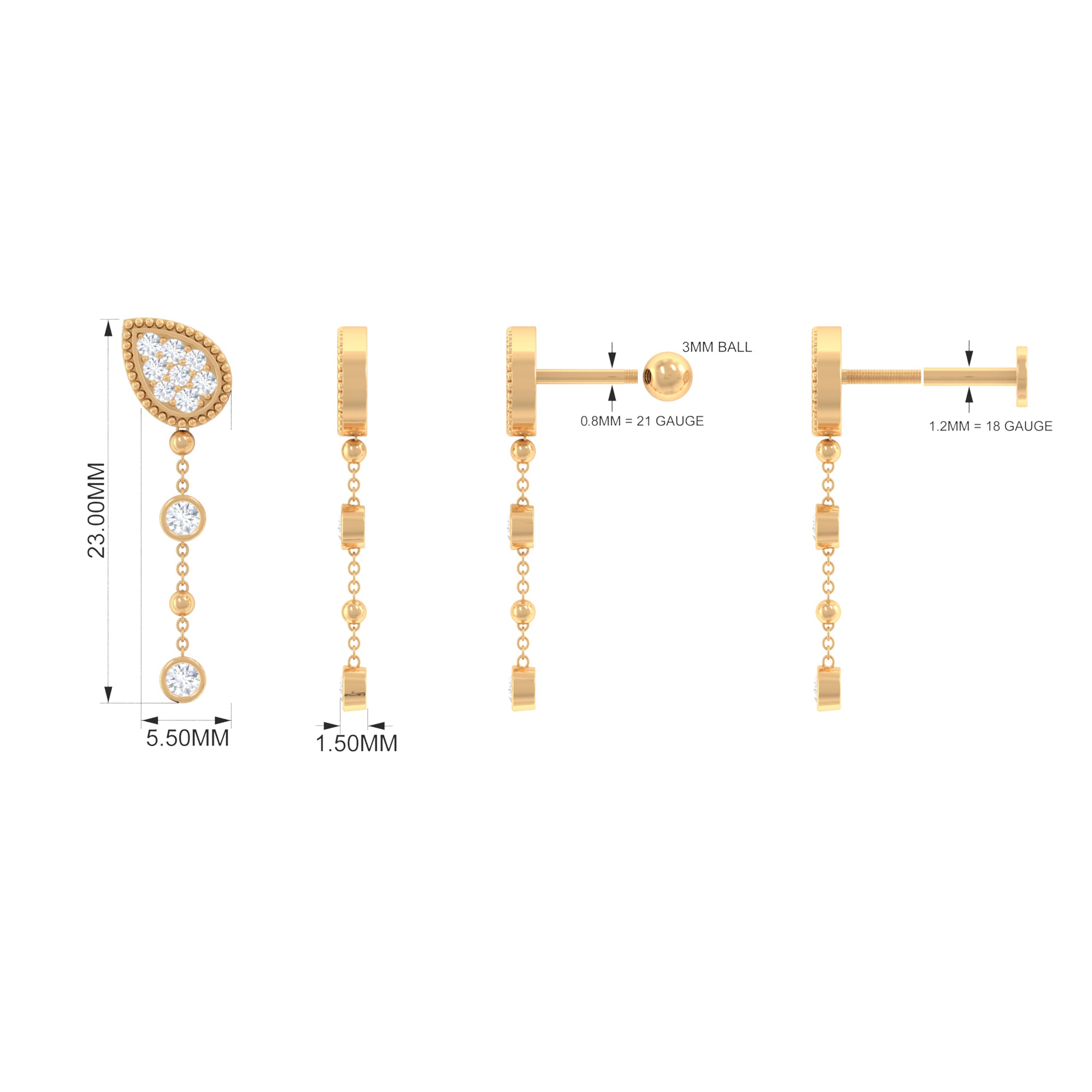 Natural Diamond Chain Dangle Earring for Cartilage Piercing Natural - ( HI-SI ) - Rosec Jewels